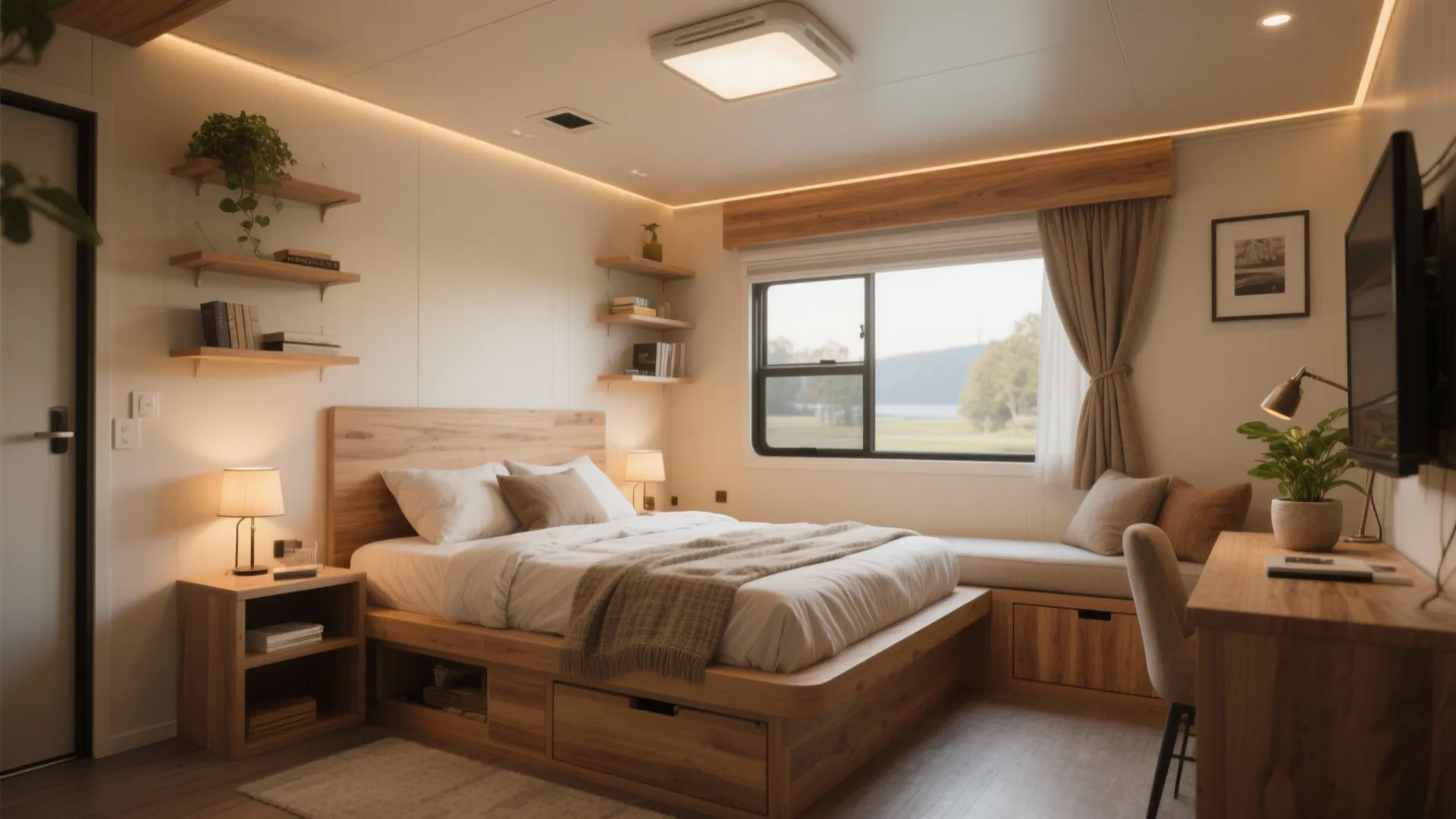 Modern wood bedroom design with storage bed desk shelving wall light and natural window view