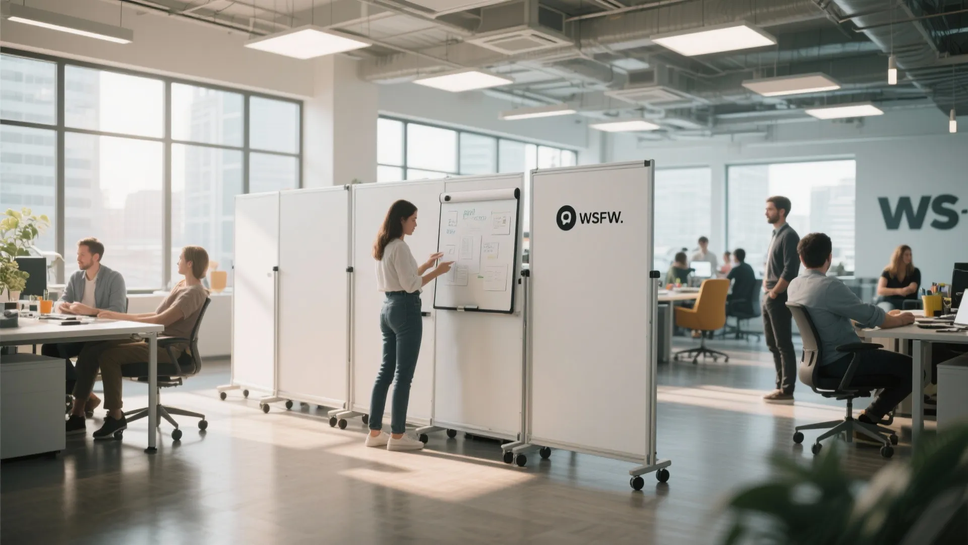 Mobile whiteboard partitions in a bright open-plan office