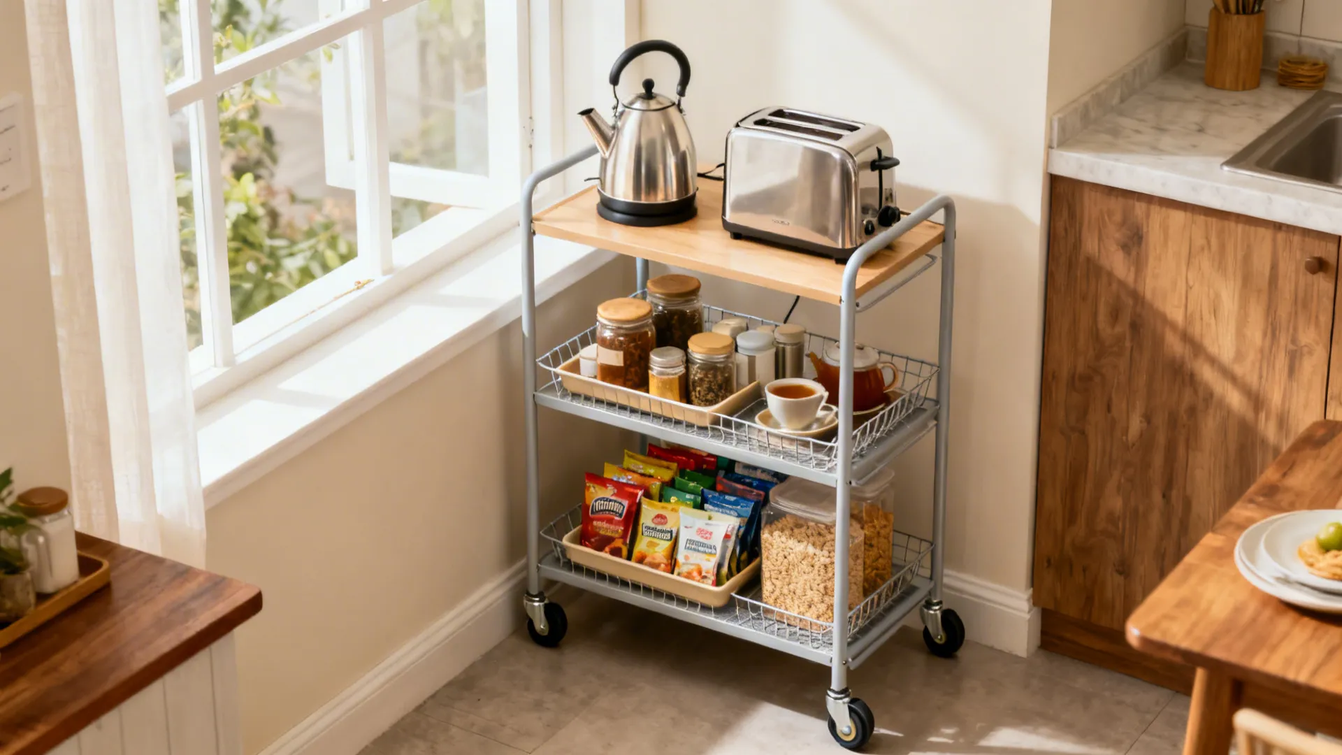 Three tier metal kitchen storage cart with wheels holding kettle toaster tea cups and snacks