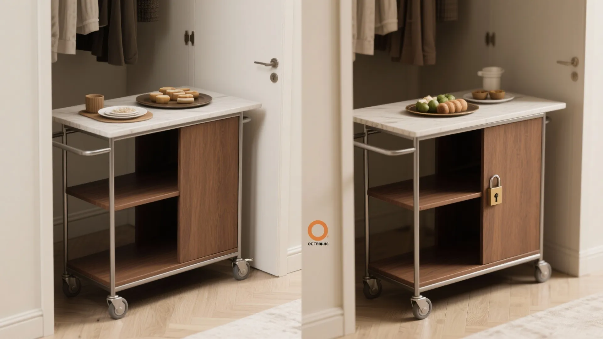 Rolling buffet cart shown deployed for serving and tucked away into a small gap for storage.