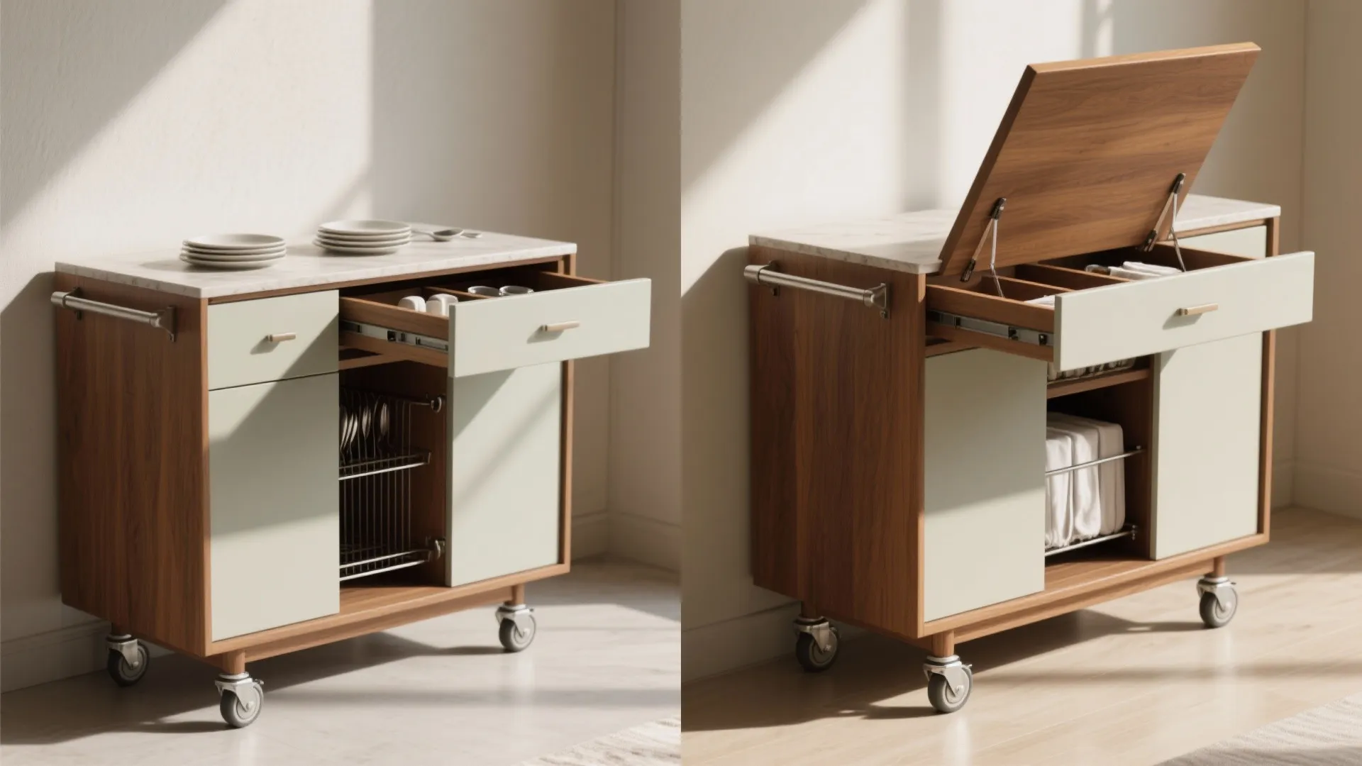 Mobile kitchen storage cart with wooden frame and white drawers featuring an expandable marble top surface