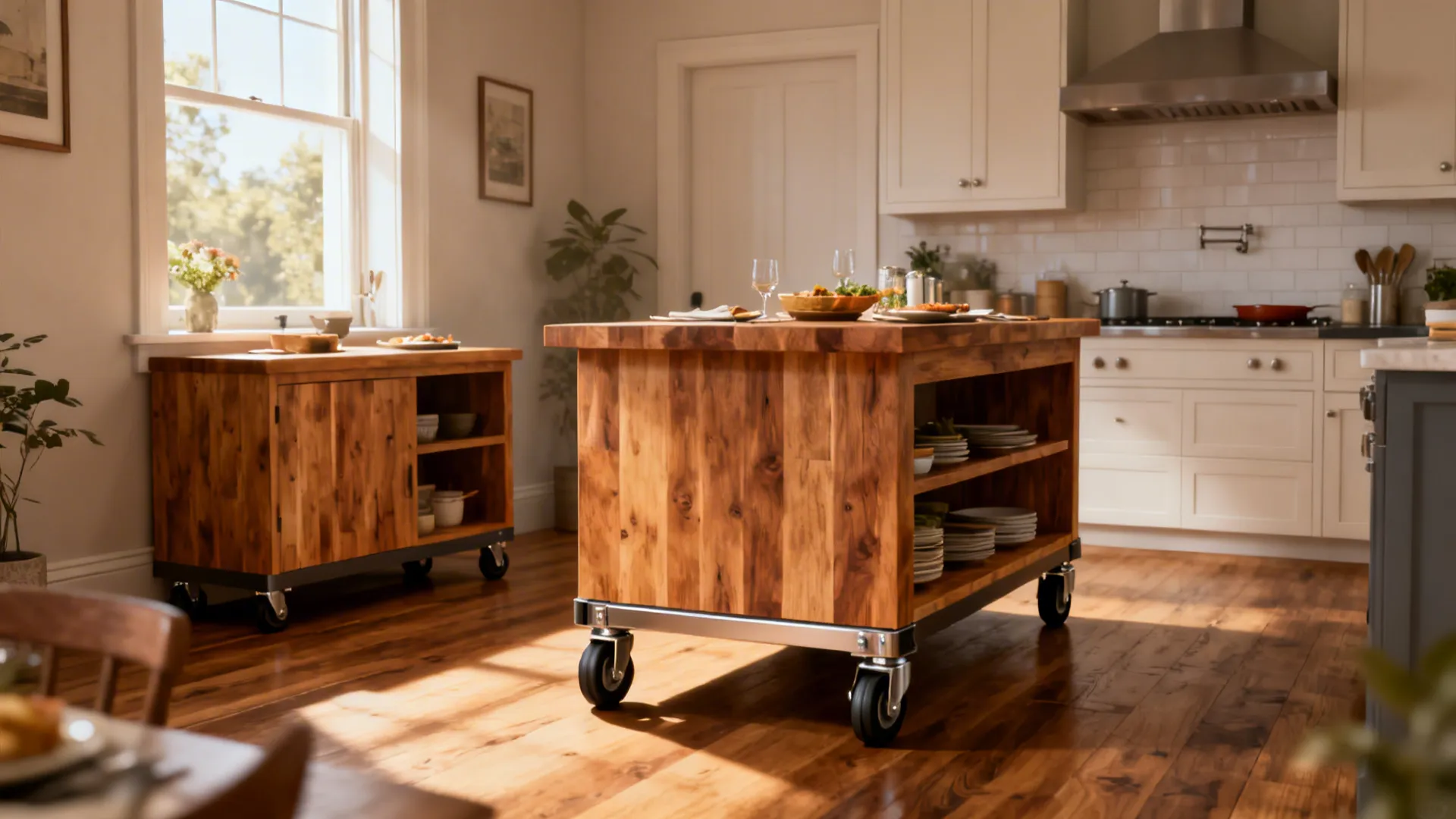 Wooden mobile kitchen island with wheels and shelves holding plates in a bright sunny kitchen