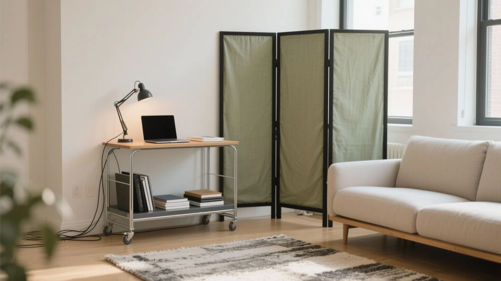 Minimalist home office with rolling metal desk, laptop, black lamp, green divider, and white sofa