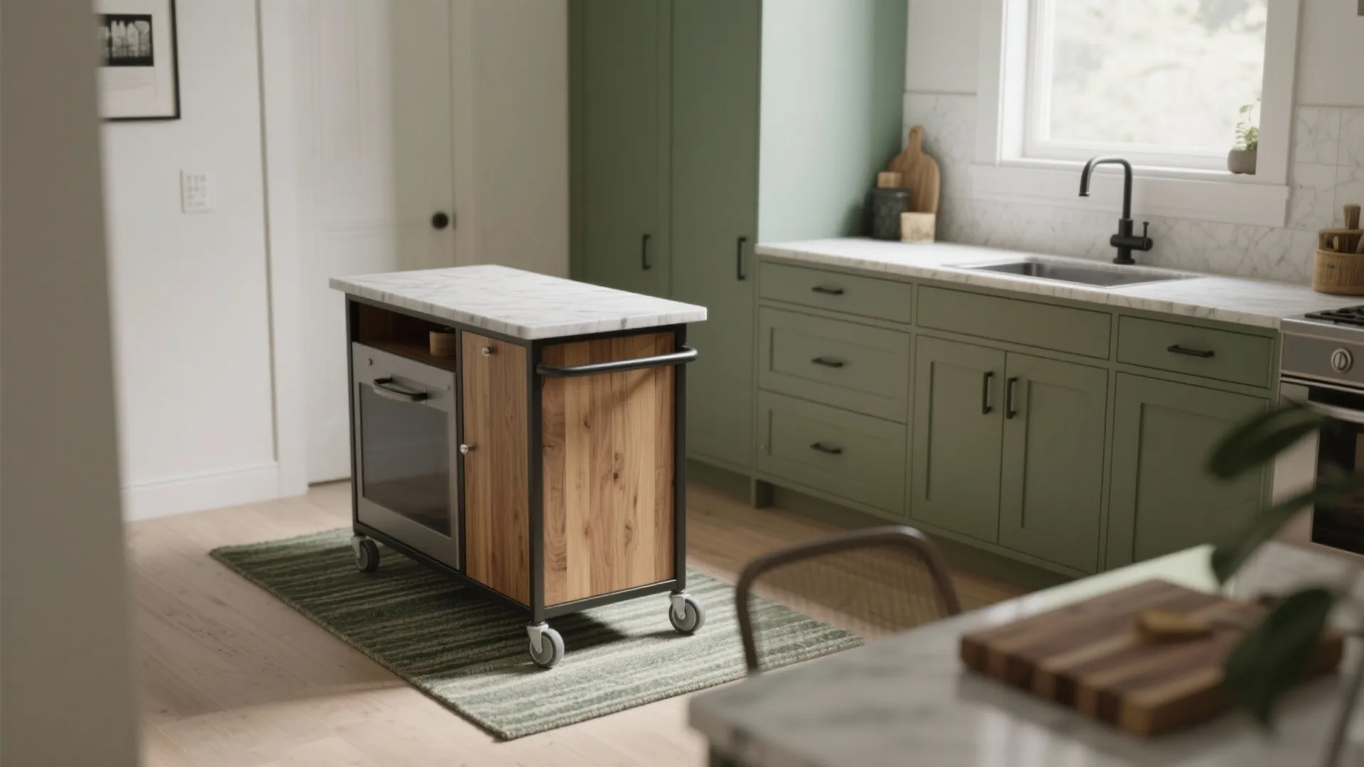 Wooden mobile kitchen cart on wheels placed on a green striped rug in modern kitchen