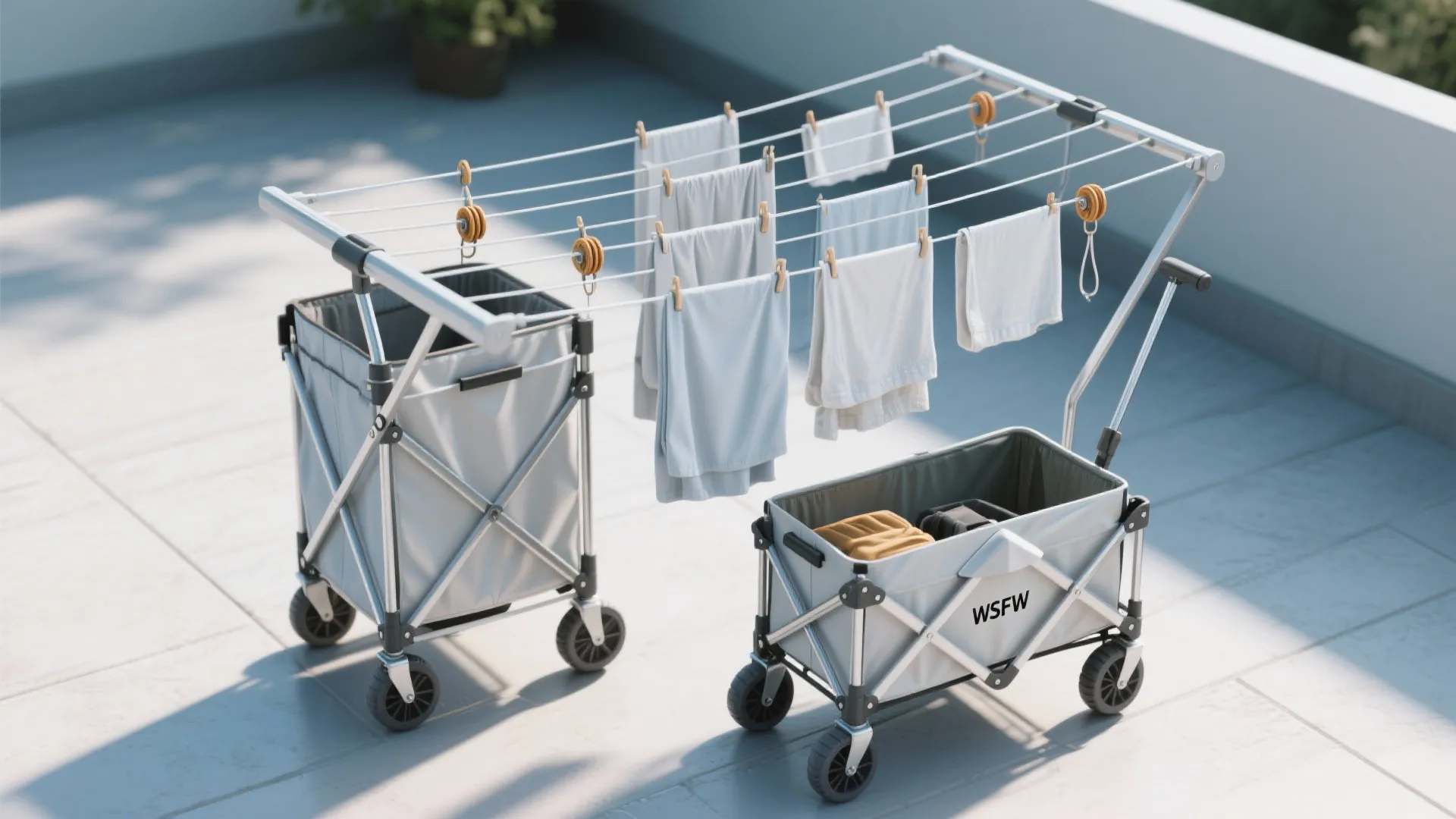 Folding laundry drying rack and storage cart with wheels holding white clothes on a balcony