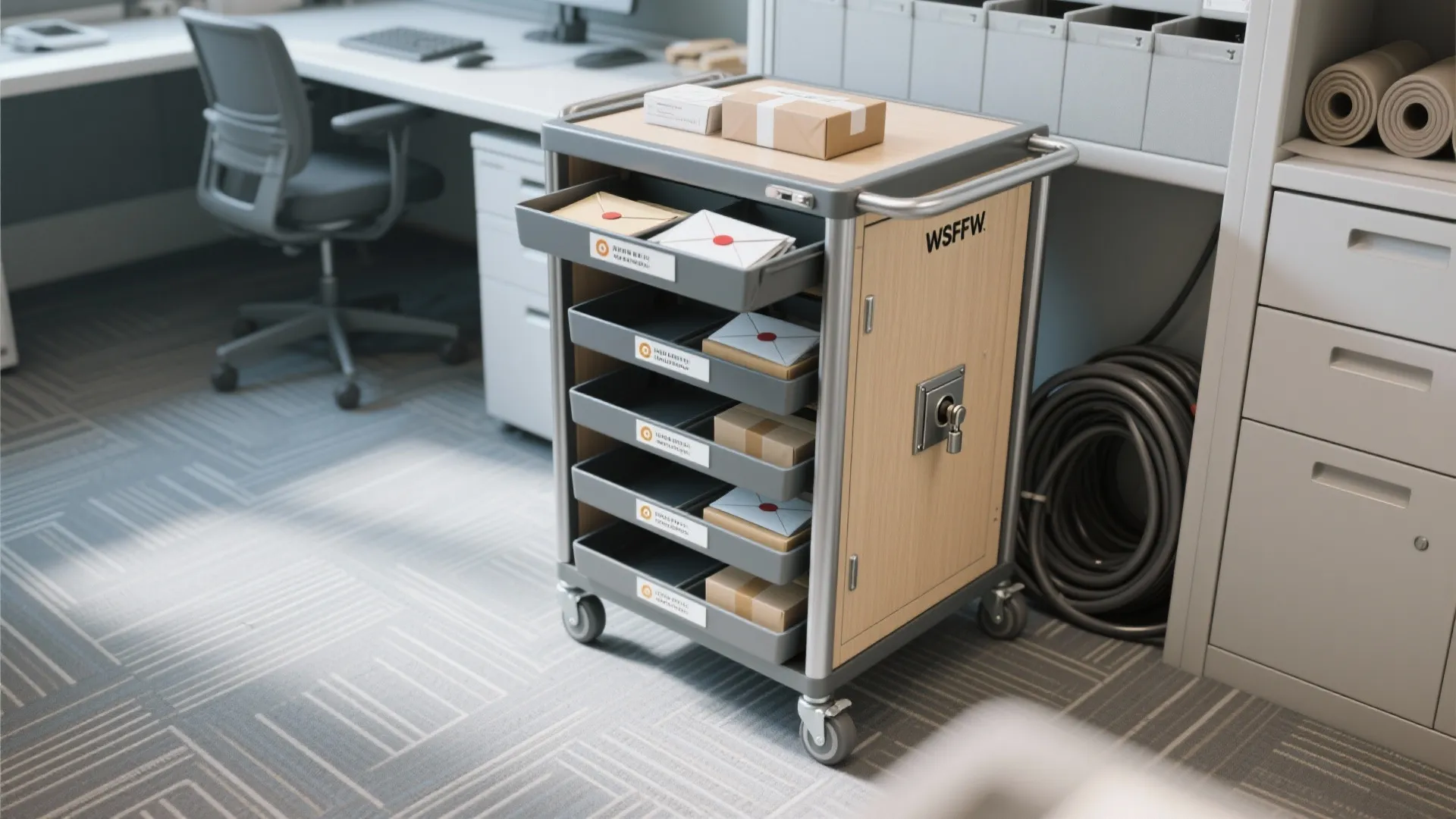 2. Mobile mail cart with sorting tiers