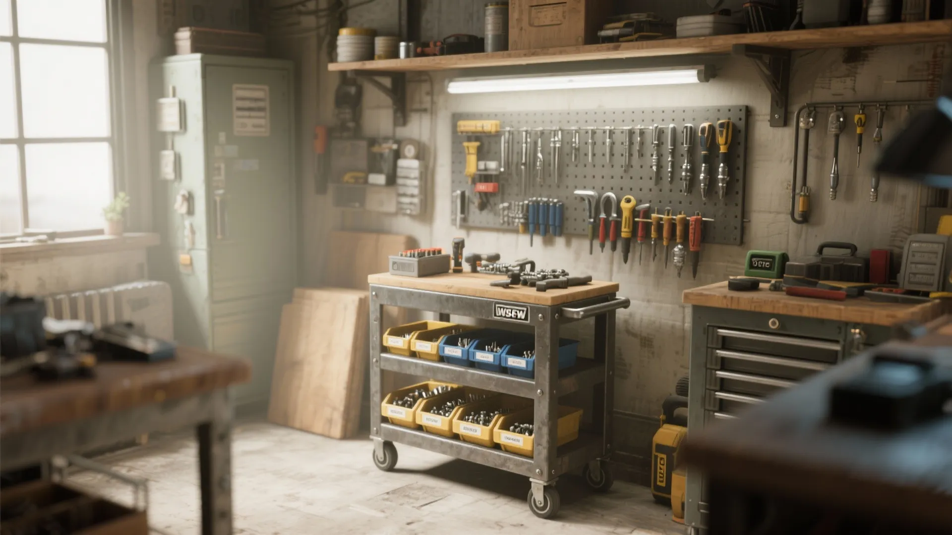 Metal mobile tool cart with storage bins near a tool wall in a bright garage workshop