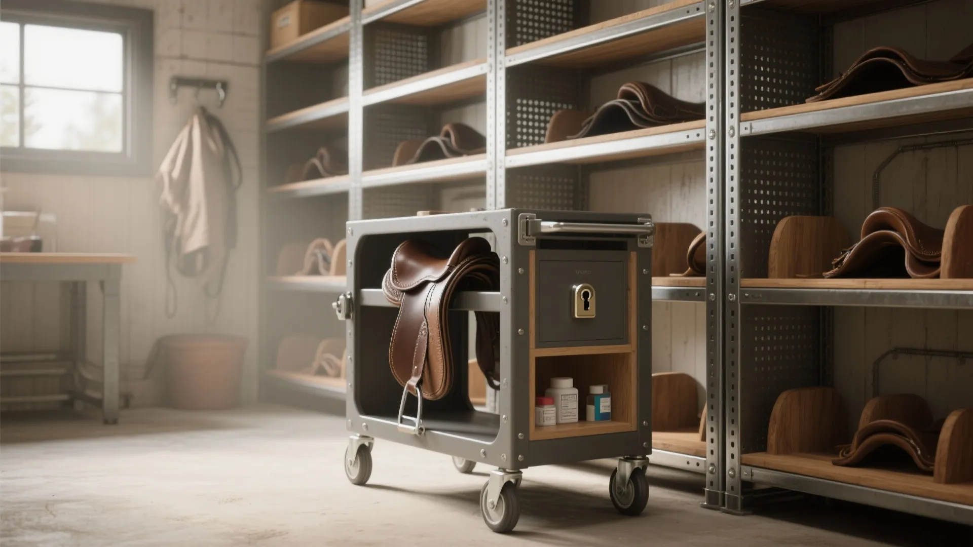 Grey mobile storage cart holding a leather saddle and medicine bottles next to metal shelving