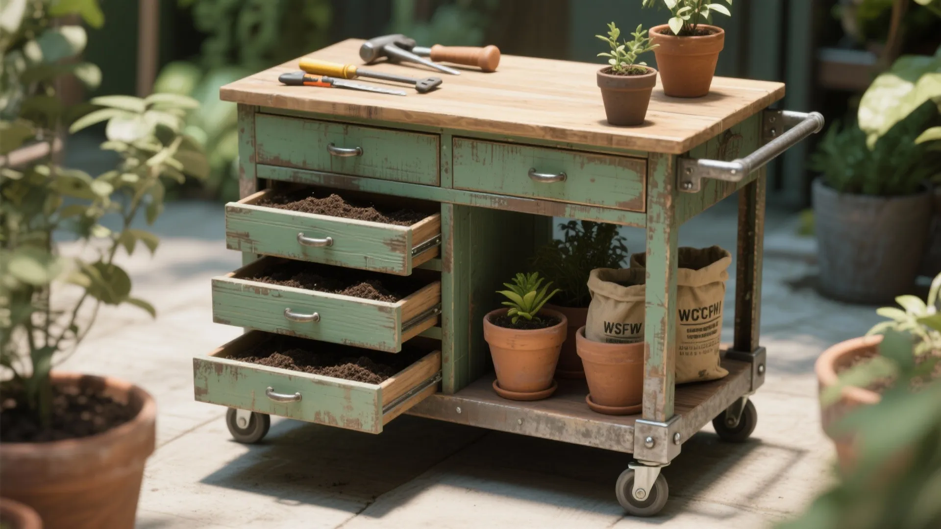 2. Mobile potting cart with recycled drawers