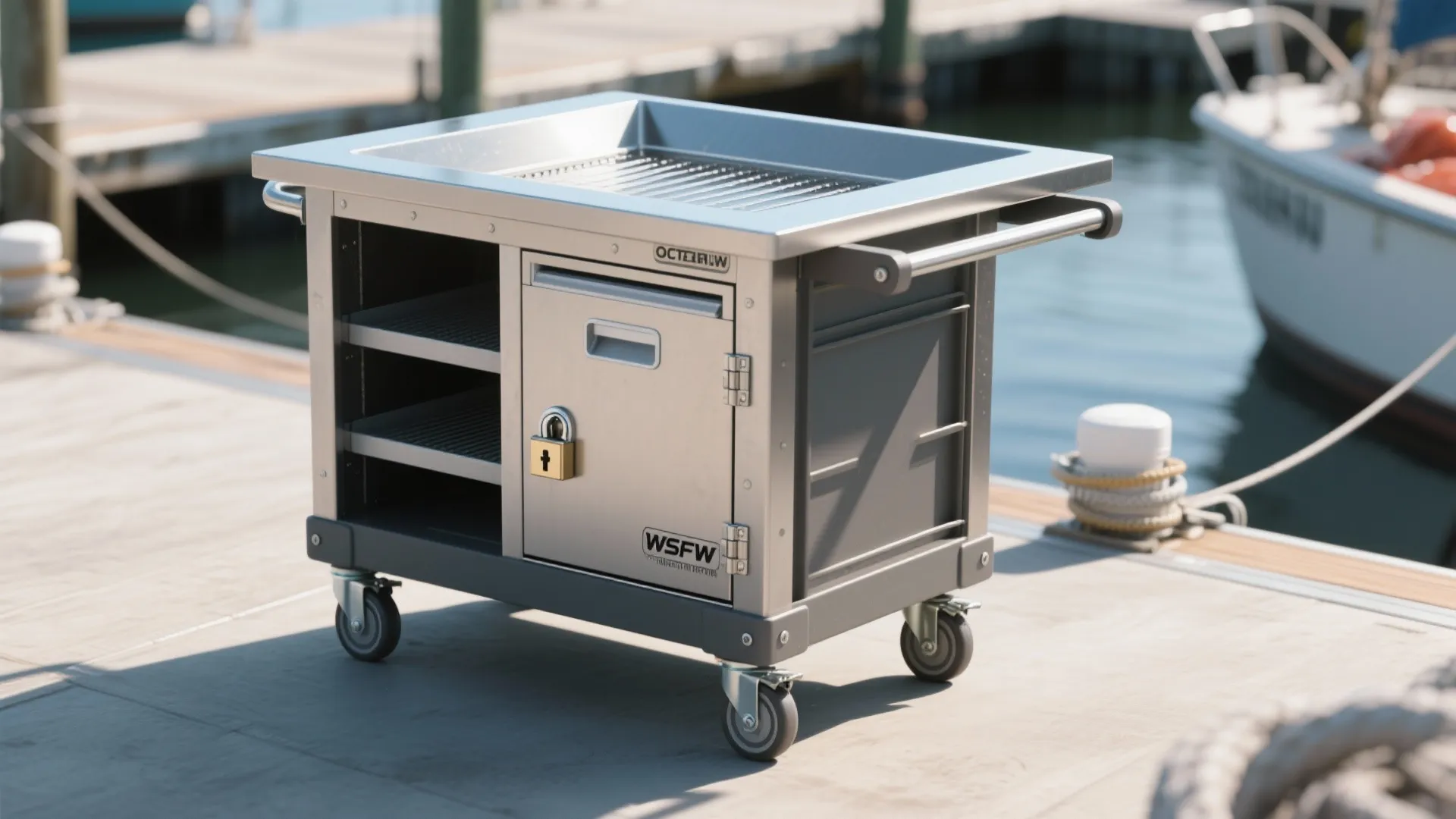 Mobile cart with integrated cooler and catch pan