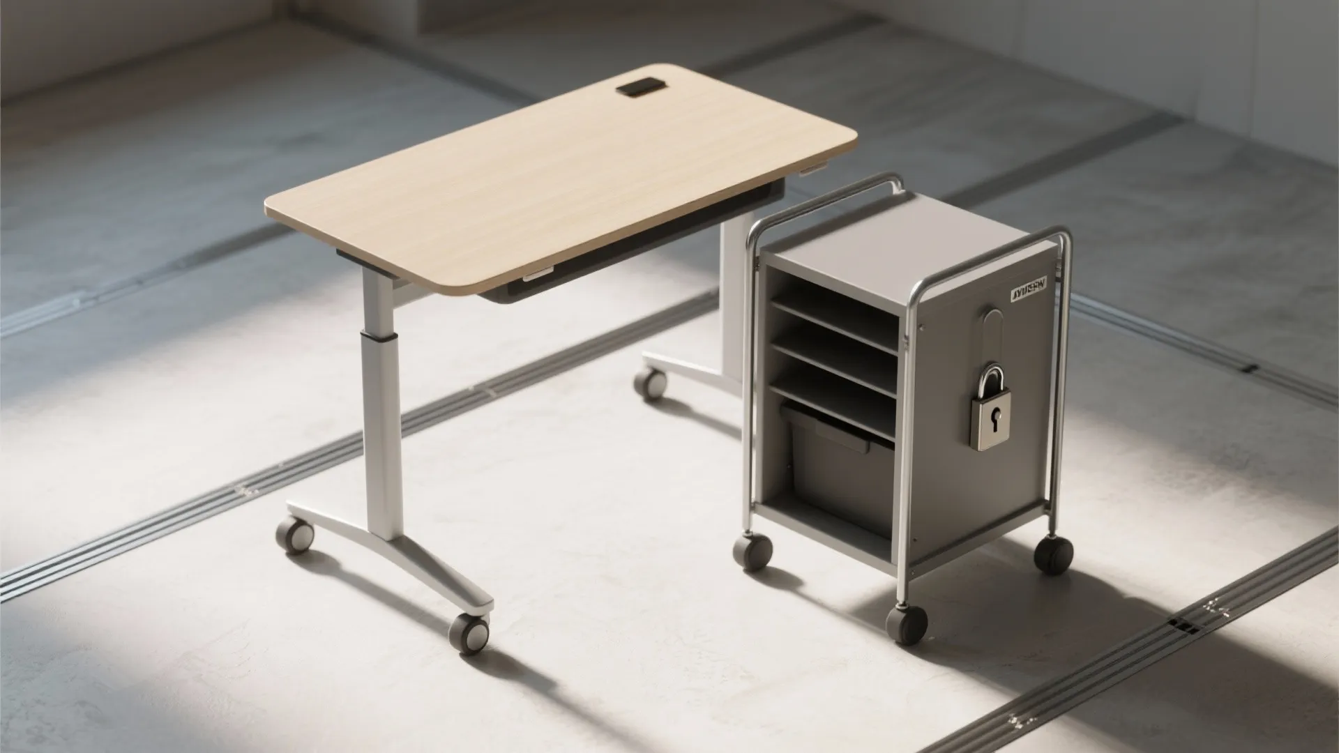 Height adjustable office desk on wheels paired with a matching grey mobile storage lockable cabinet