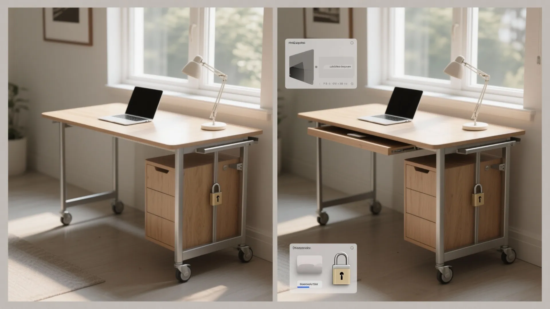 Mobile cart desk on casters by a window with an inset mockup showing placement options in the room.