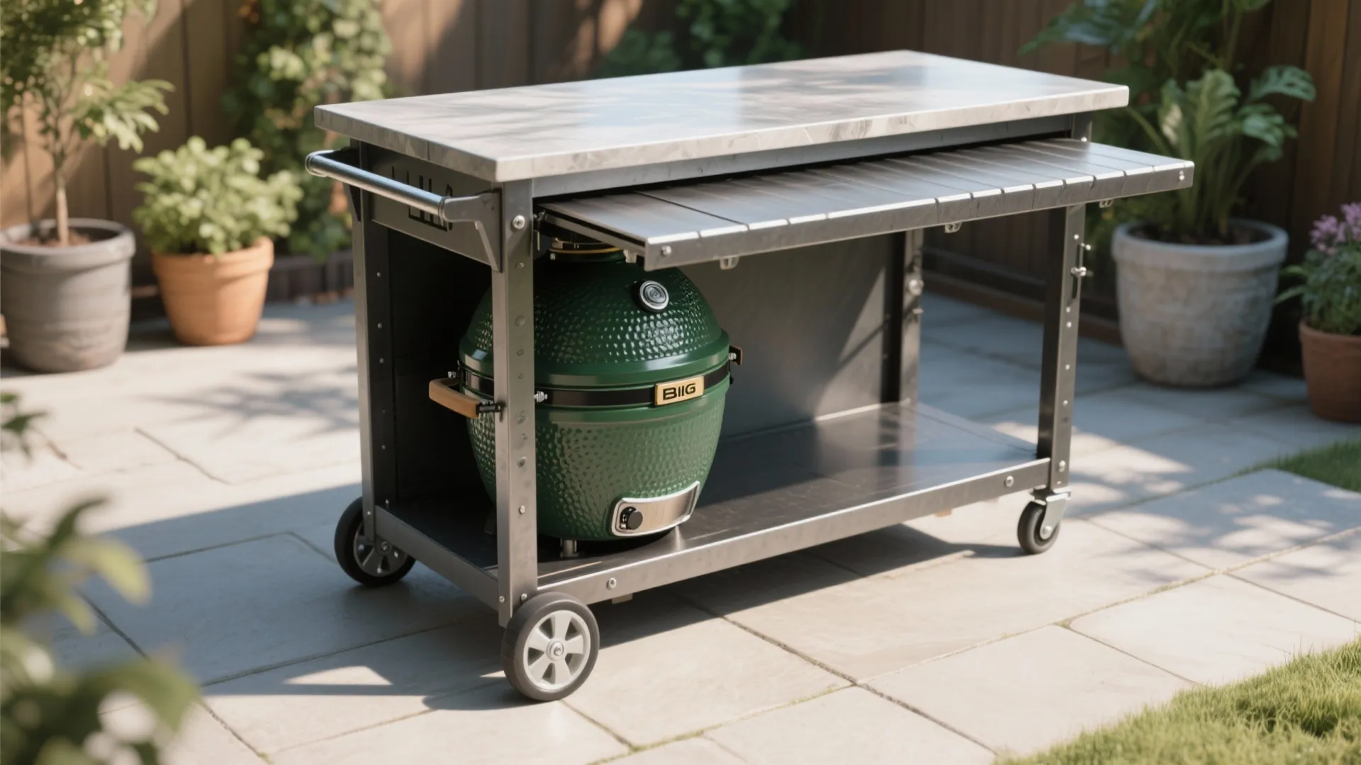Mobile cart with a Big Green Egg tucked under a folding counter for flexible outdoor cooking.