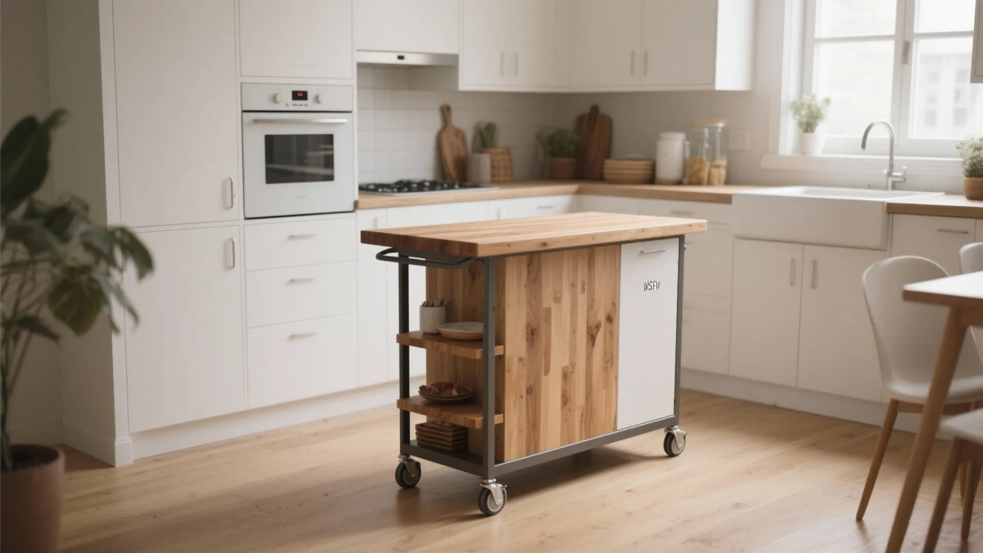 Modern white kitchen featuring a wooden mobile cart with wheels used as a small island