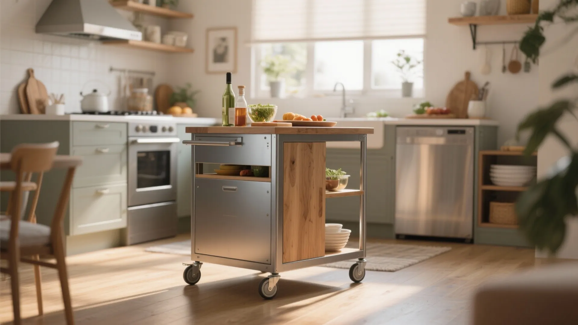Compact wheeled kitchen island in a modern home