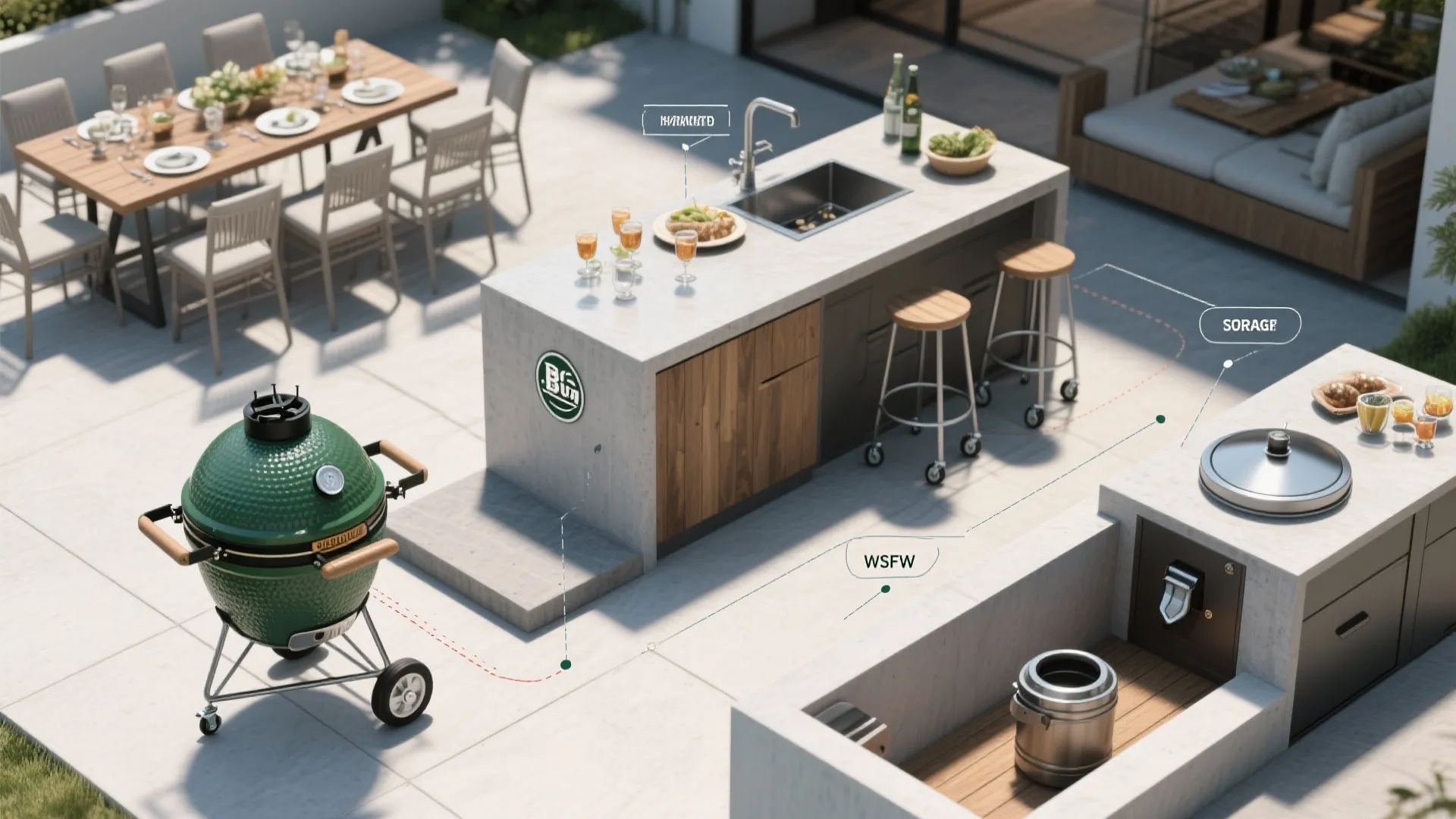 Diagram showing outdoor kitchen island with sink green egg grill storage areas and dining table setup
