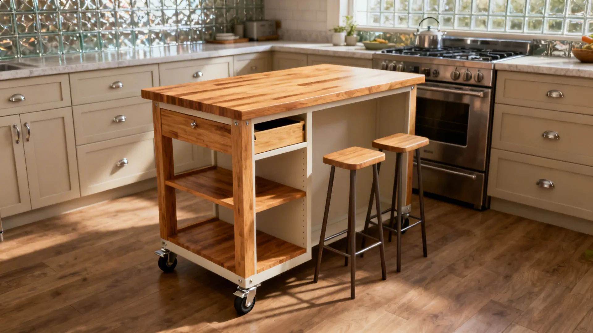 Mobile cart island with a butcher-block top, locking casters, and hidden stools in a small kitchen.