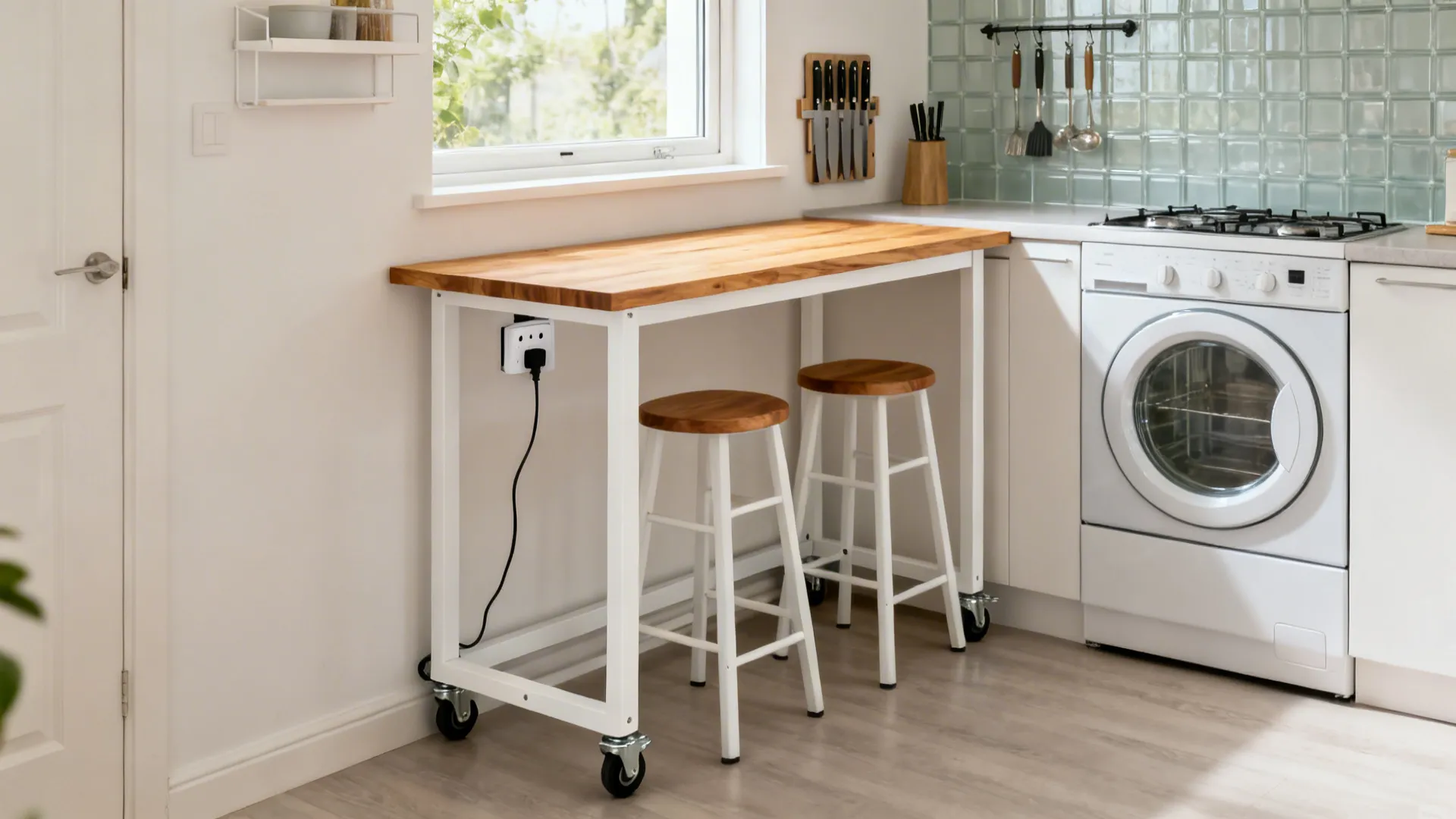 Mobile cart island with locking casters, thick wood top, and stools under a window.