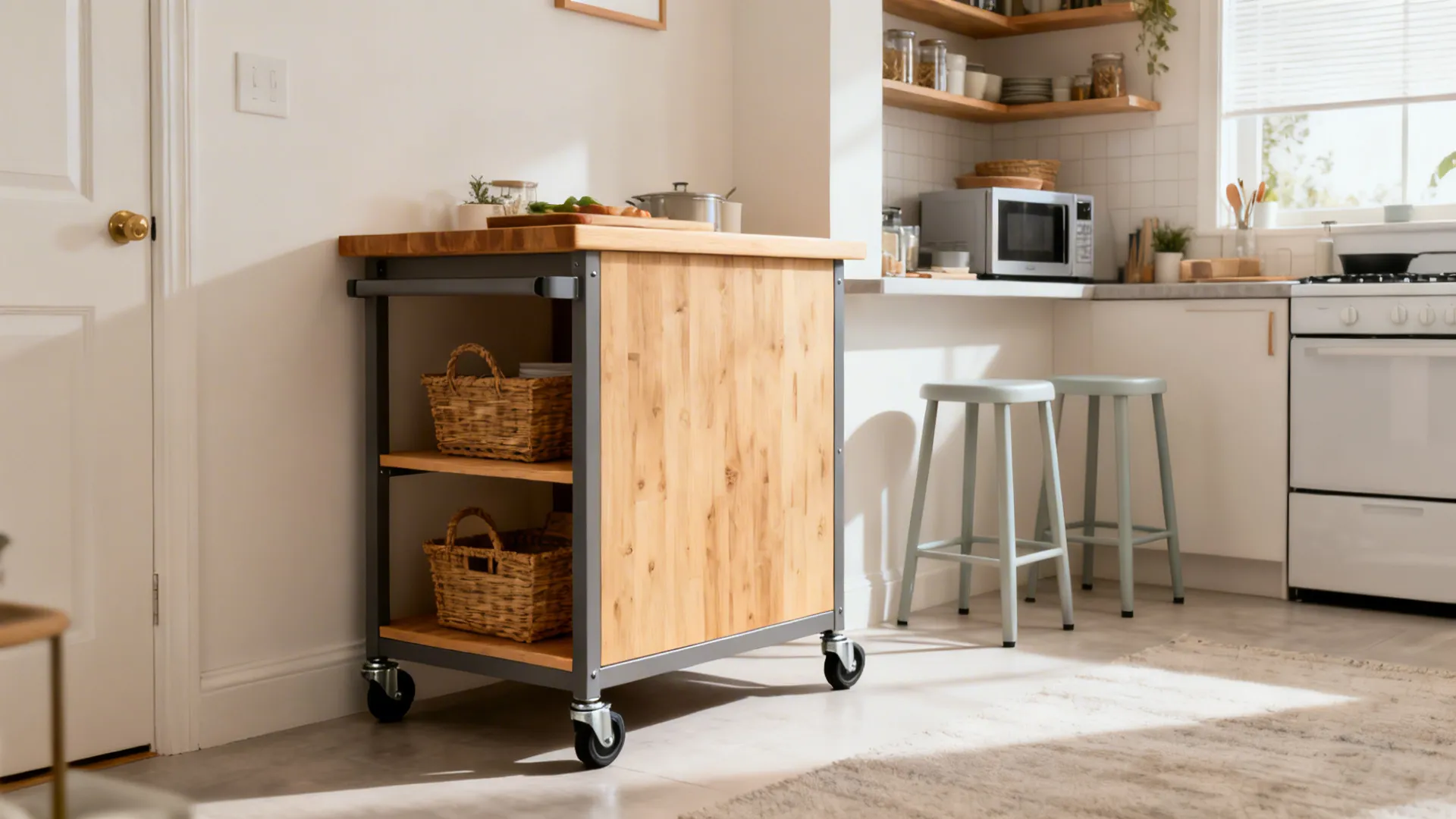 Portable butcher-block island cart with locking casters and baskets in a studio kitchen.