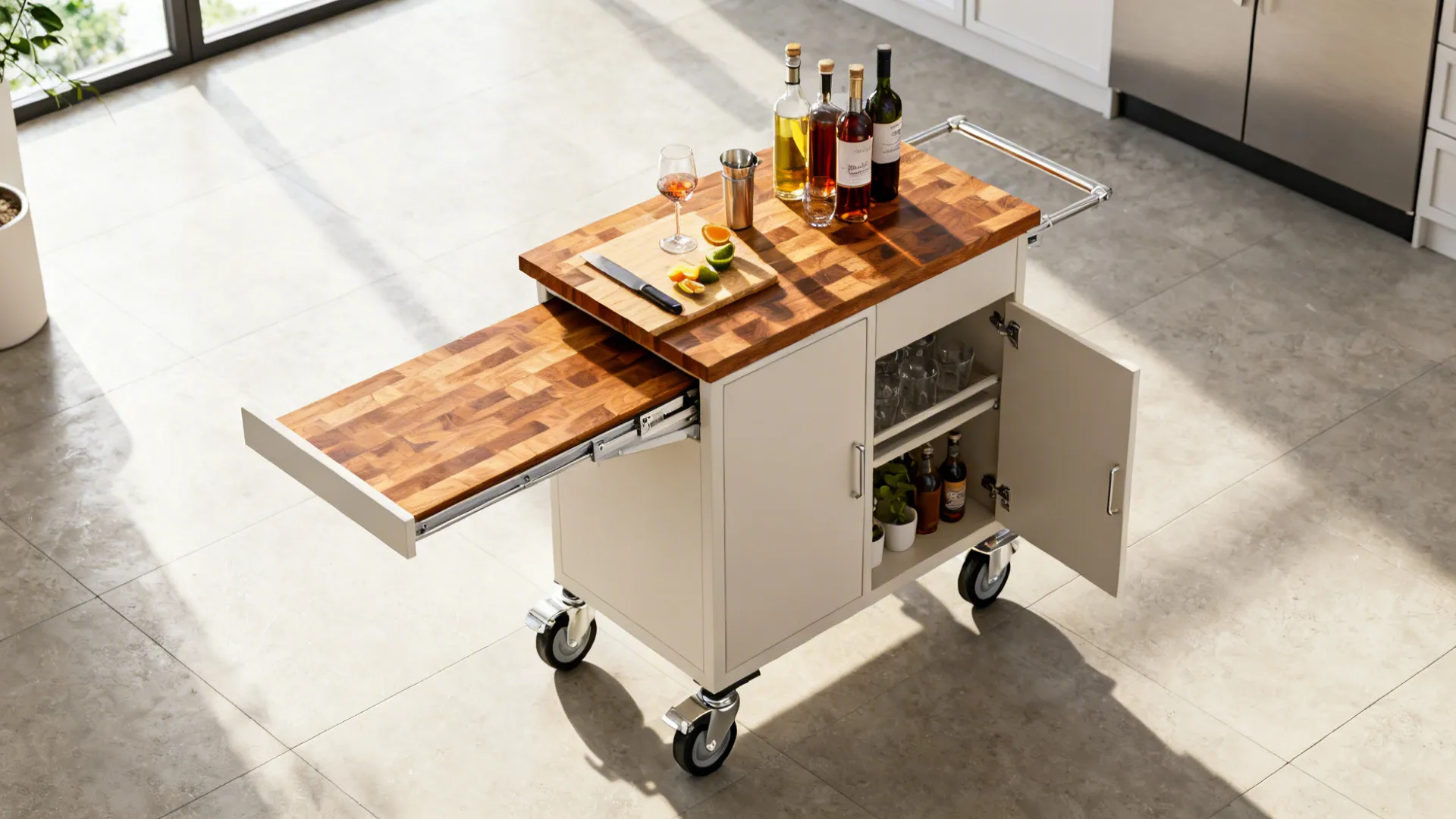Top-down view of a kitchen mobile cart island on locking casters with a butcher-block top