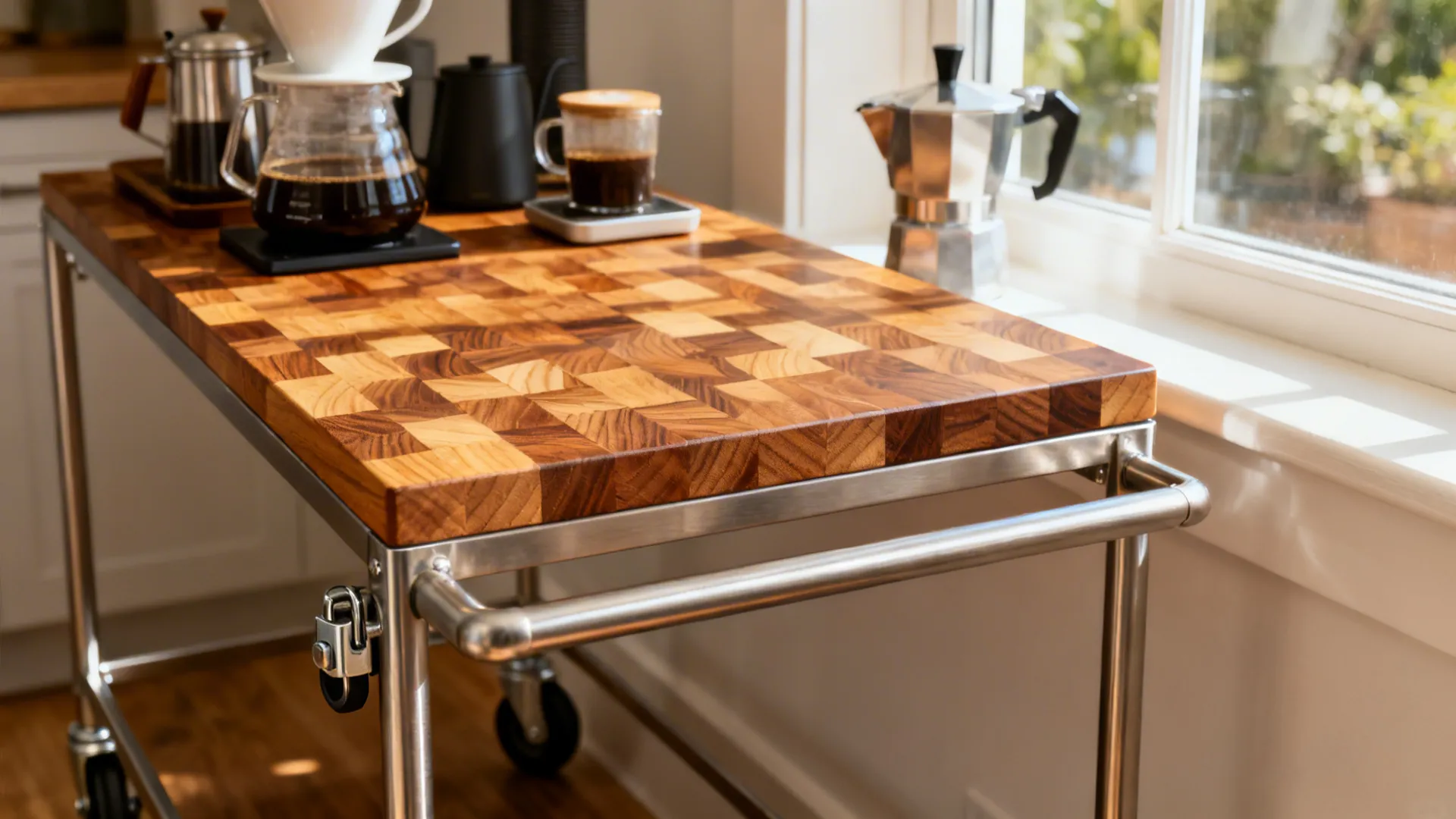 Macro of an end-grain butcher block mobile cart with locking casters and a coffee setup.
