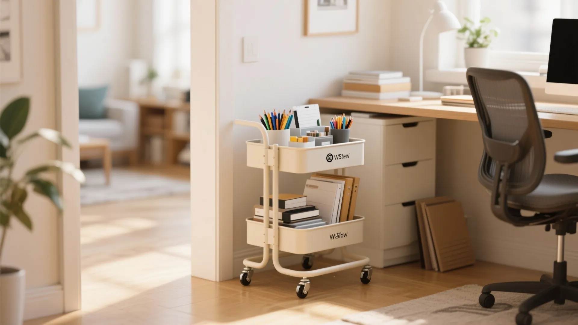 White mobile storage cart with books and stationery used for home office organization and storage