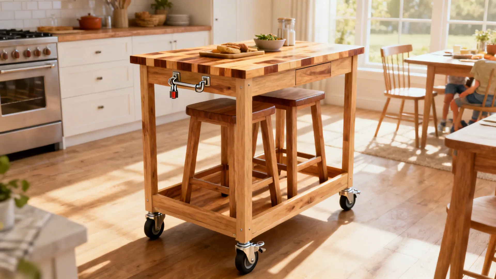 Mobile kitchen cart with butcher-block top and two stools tucked underneath on lockable casters.