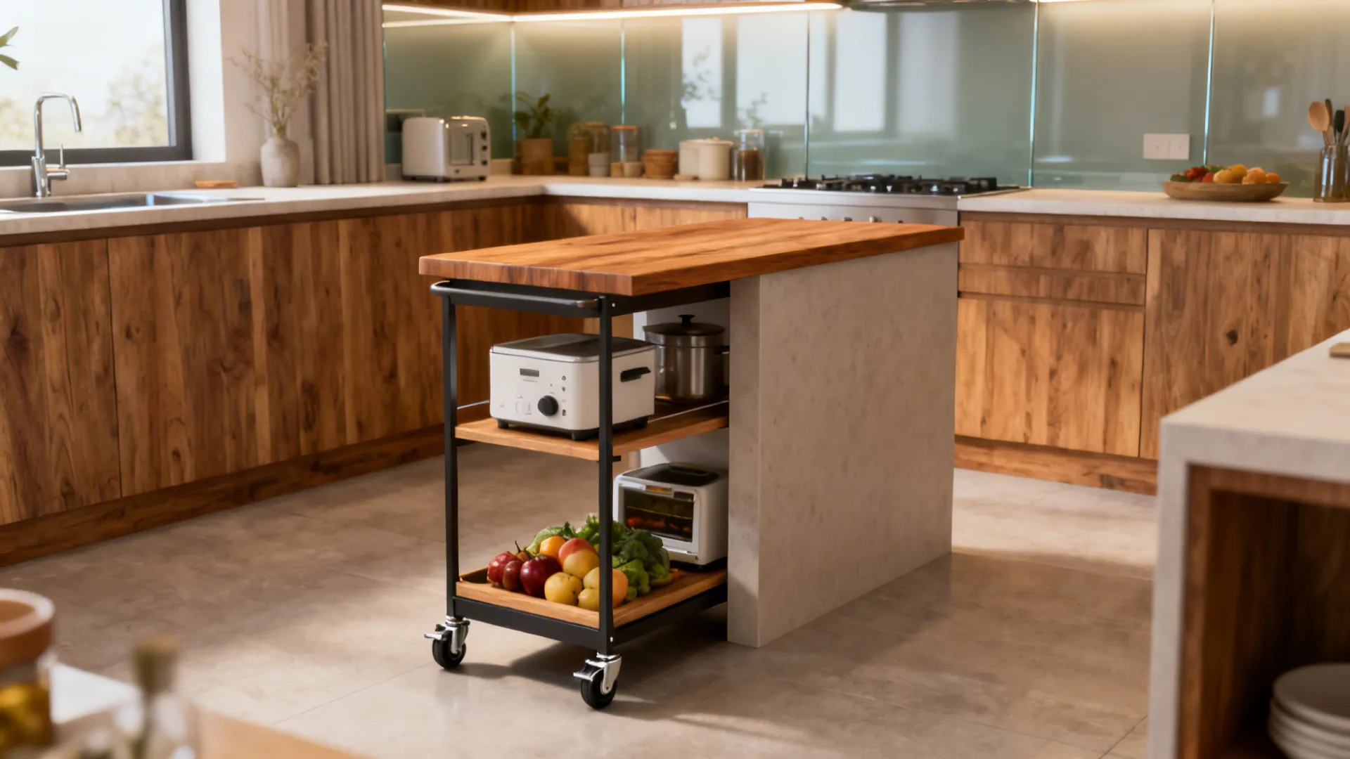 Slim rolling cart with hardwood top and locking casters adds flexible prep space in a 10x13 kitchen.
