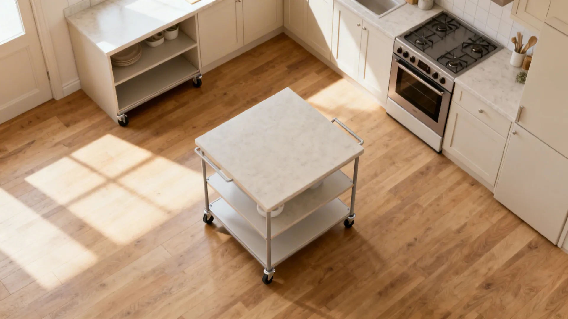 Top-down view showing a mobile island cart positioned against the wall and centered.