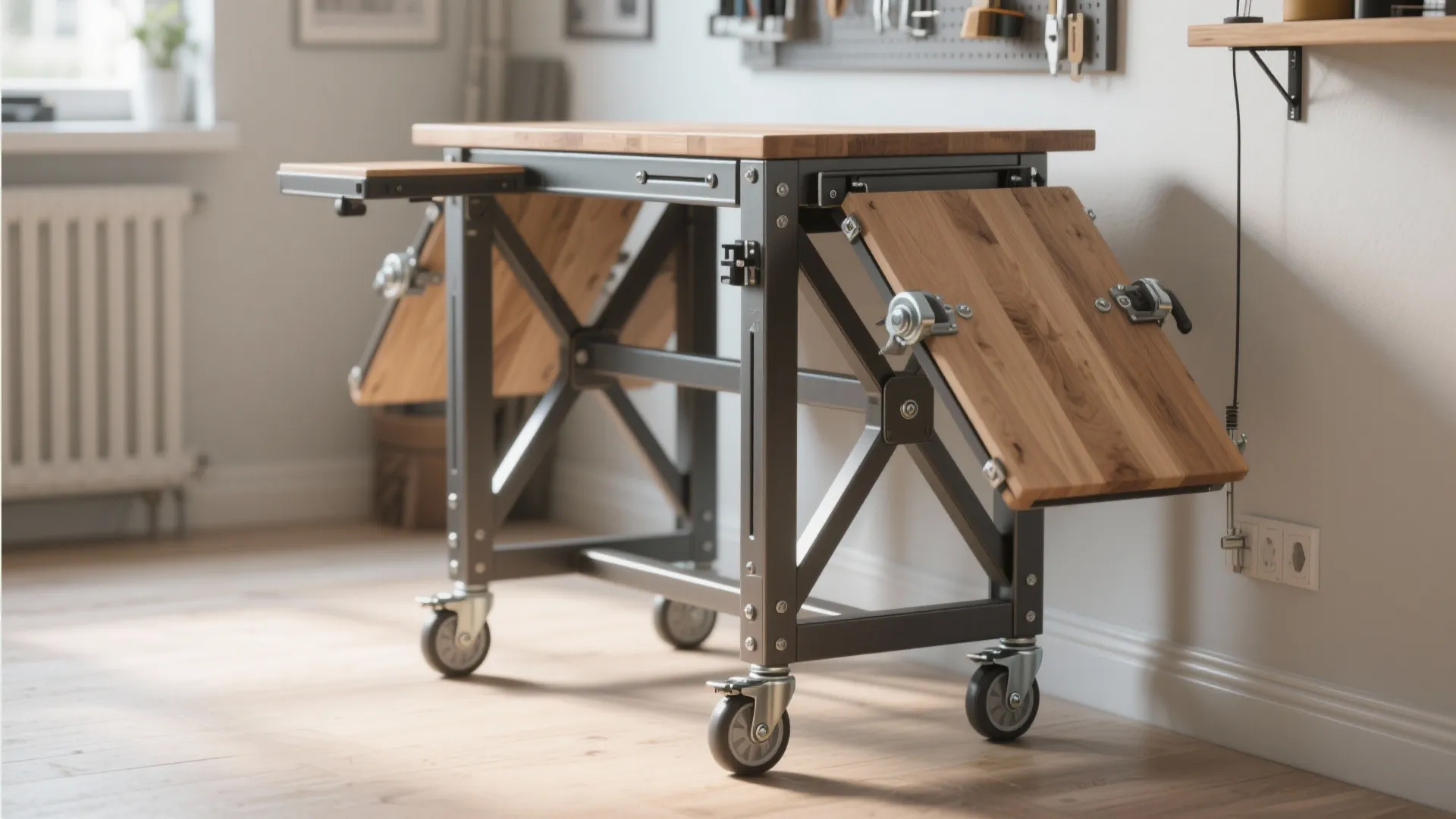 Mobile MFT on locking casters with extended folding wings in a small workspace, showing brakes and bracing.