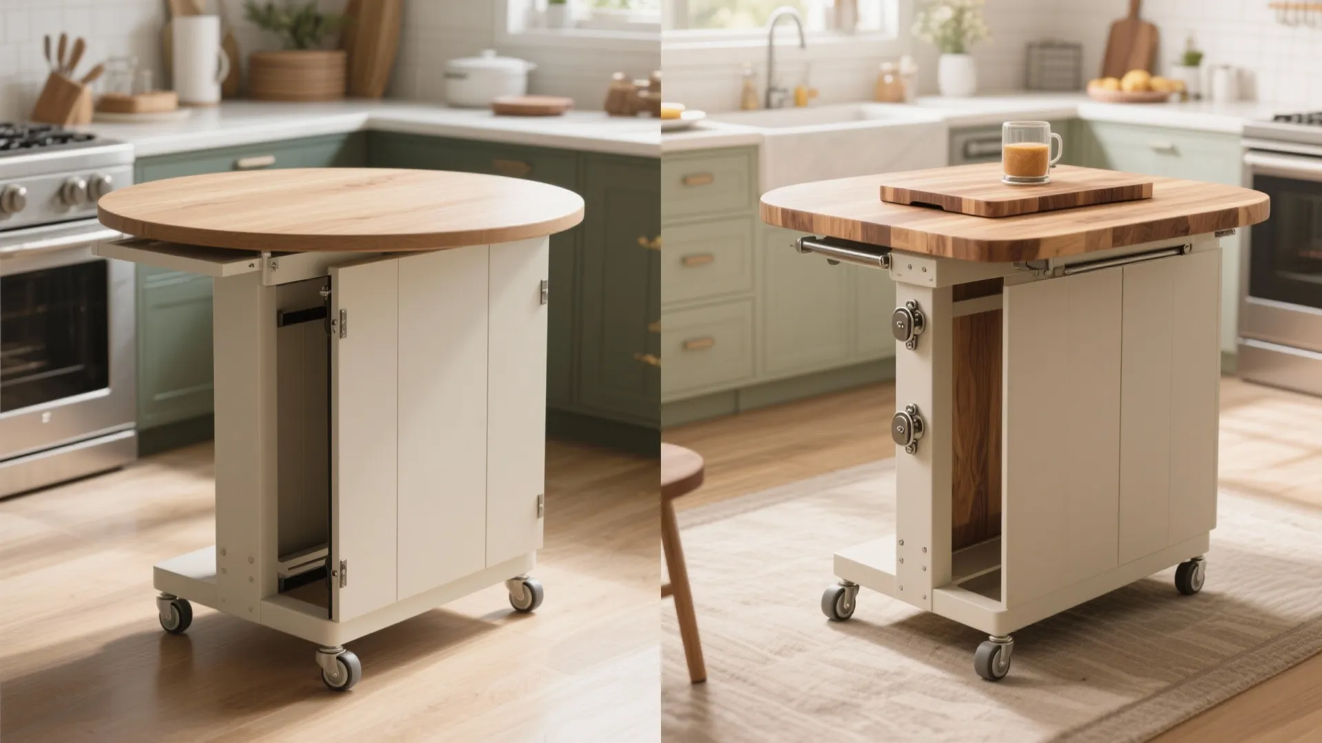 5. Mobile round drop leaf on casters as a micro island