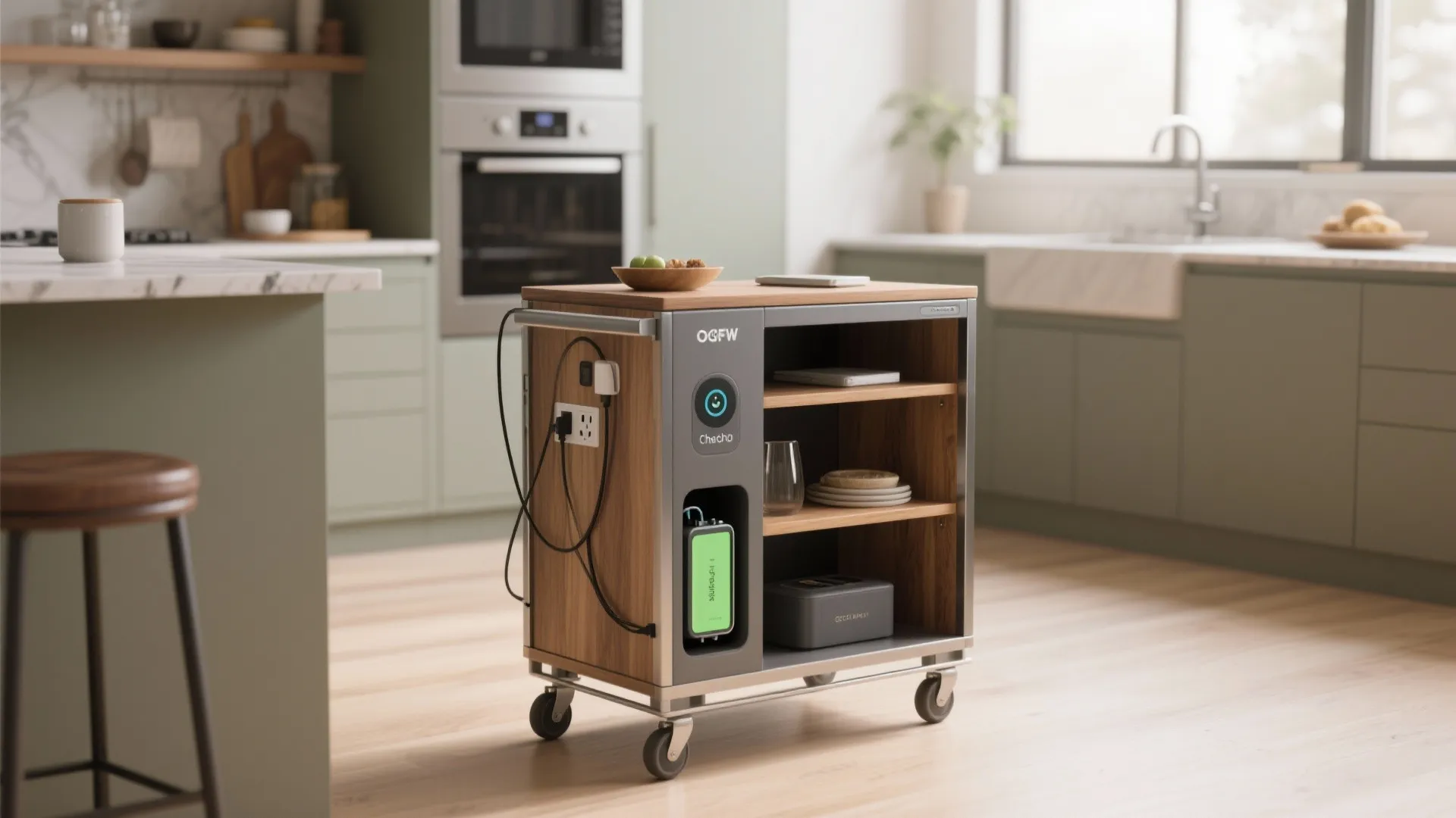 Mobile kitchen storage cart with built-in power outlets and wooden shelves in a modern kitchen