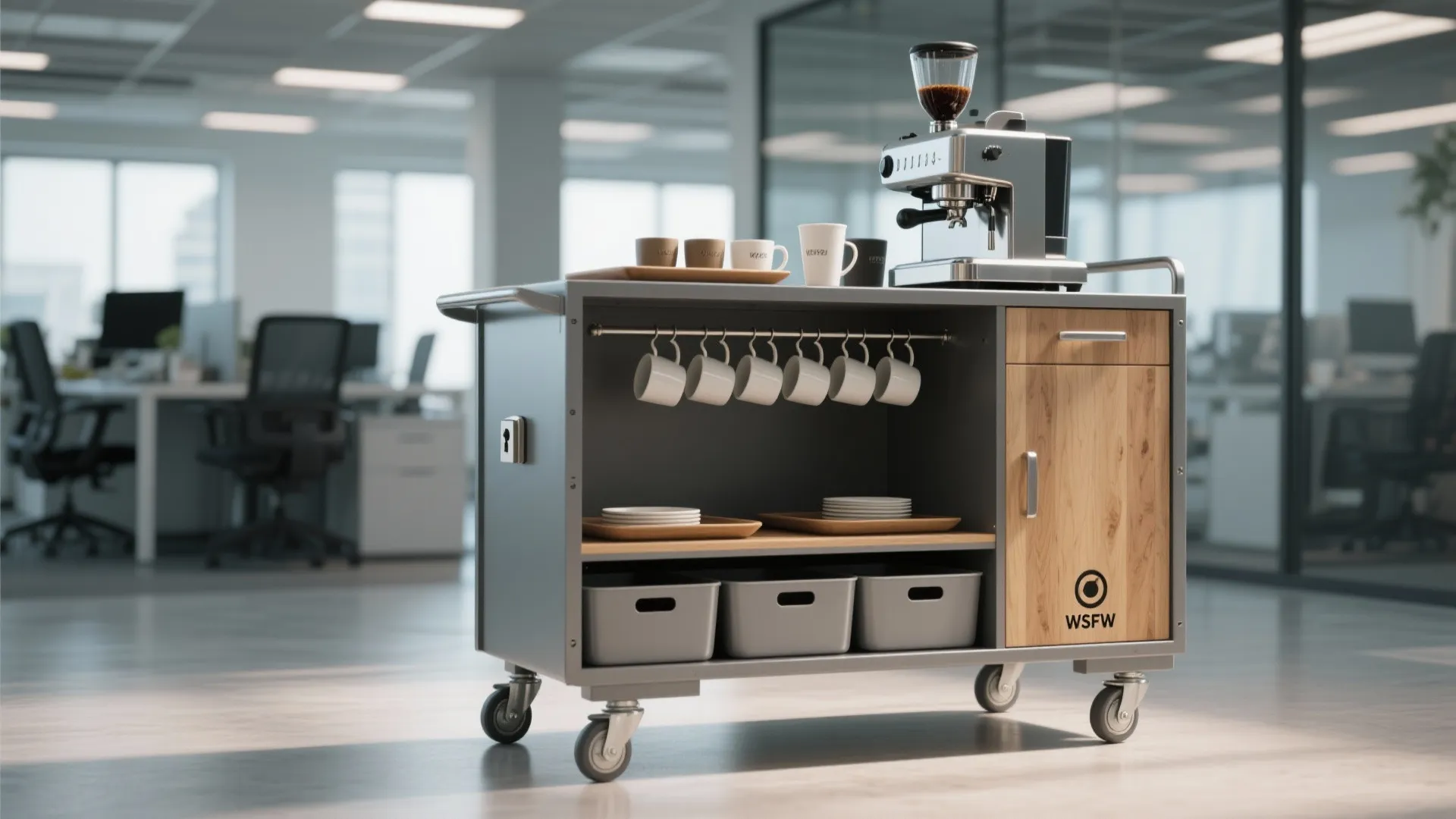 Mobile coffee cart with espresso machine mugs and storage bins in a bright modern office space