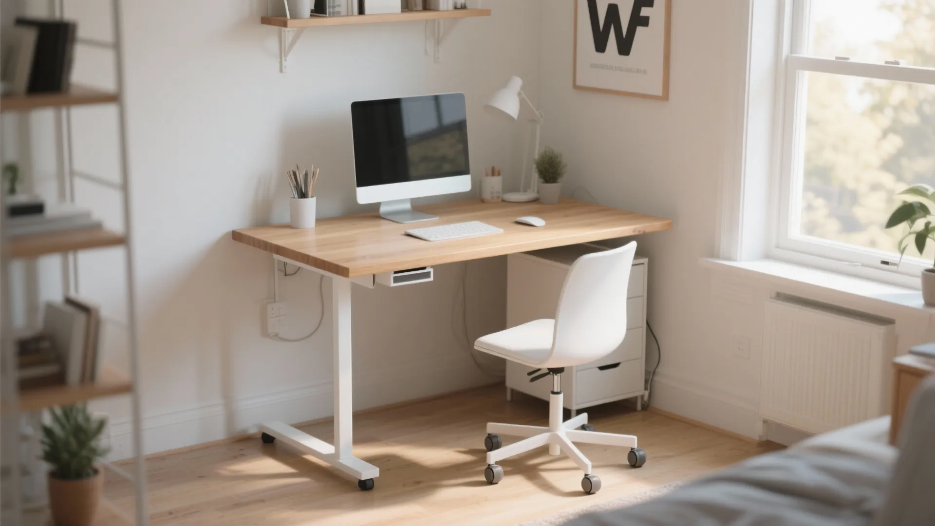 Modern home office with white standing desk on wheels wooden top computer chair and large window