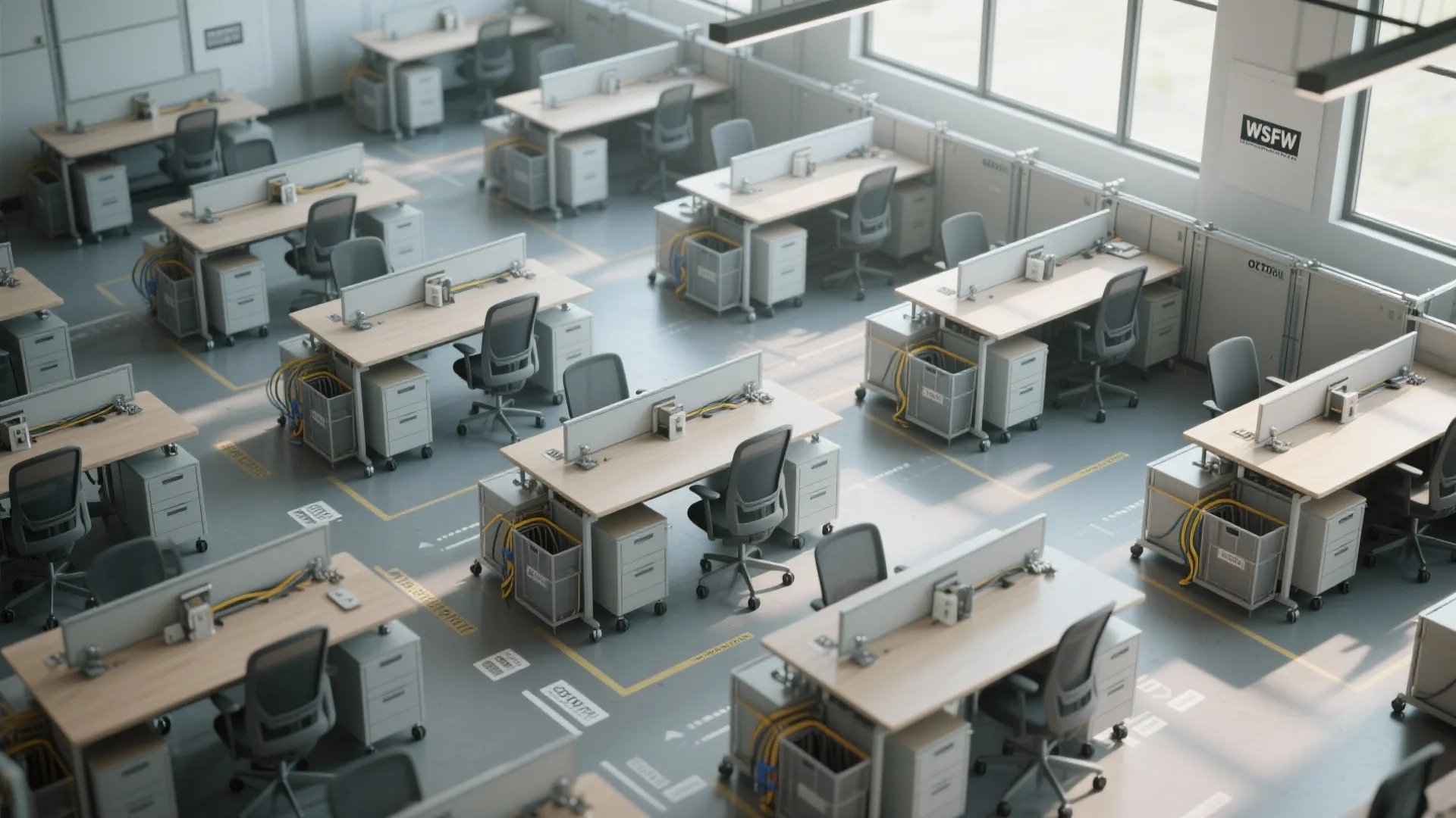 Modern open office space with multiple wood desks grey chairs and natural light from large windows