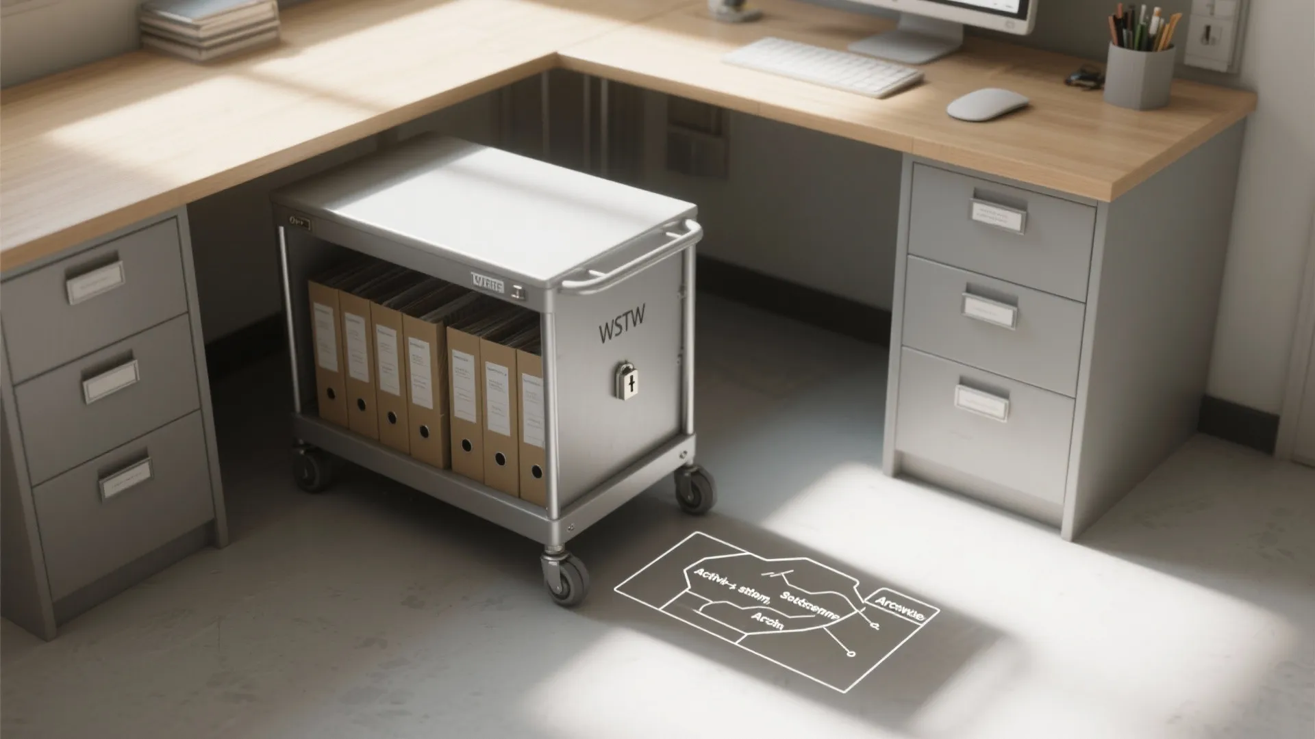 Top-down view of a multi-use room showing a mobile filing cart rolled out from under a counter and a simple filing zones map overlay.
