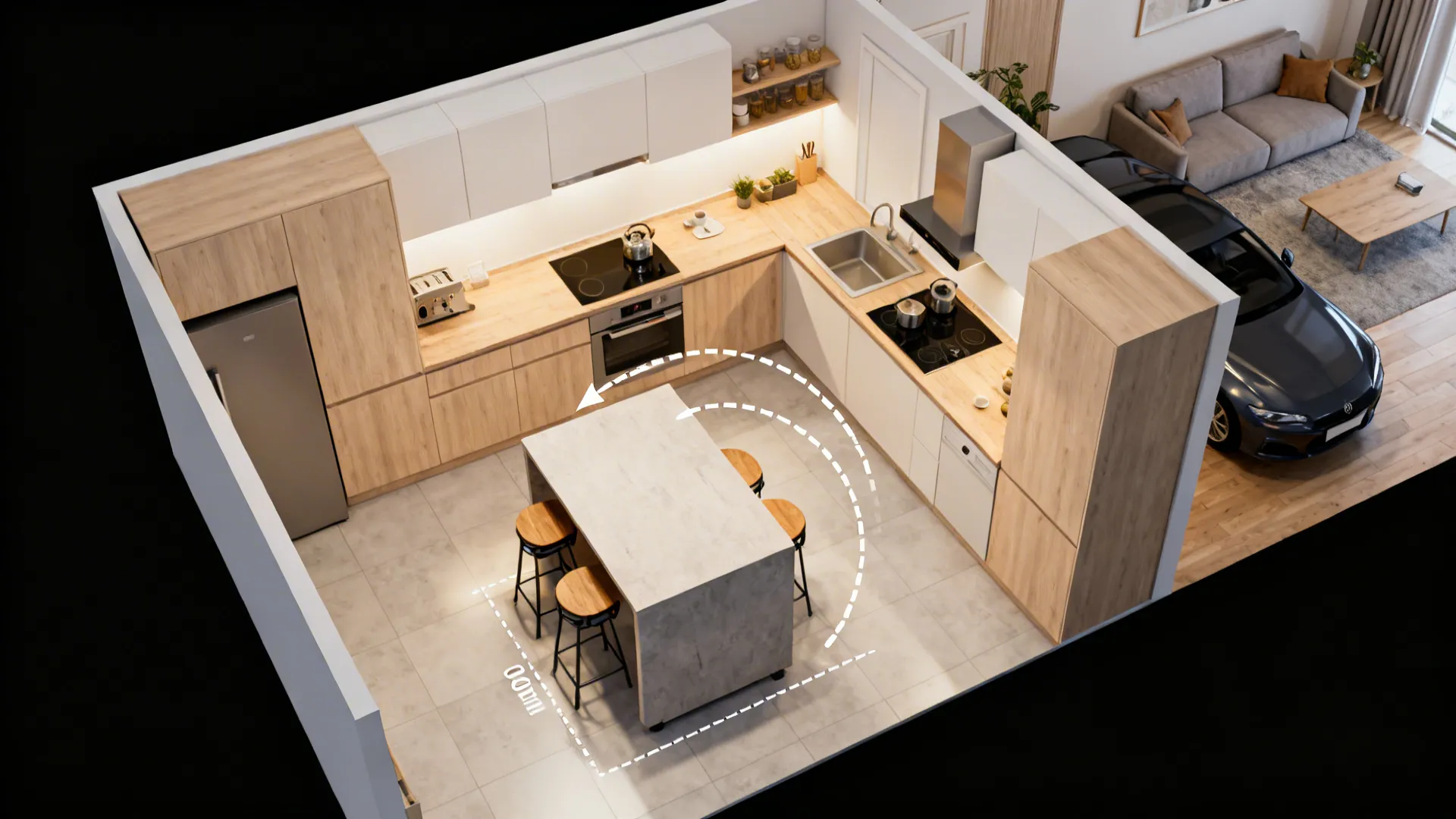 Top-down layout showing a mobile kitchen island’s docking positions and clearances.