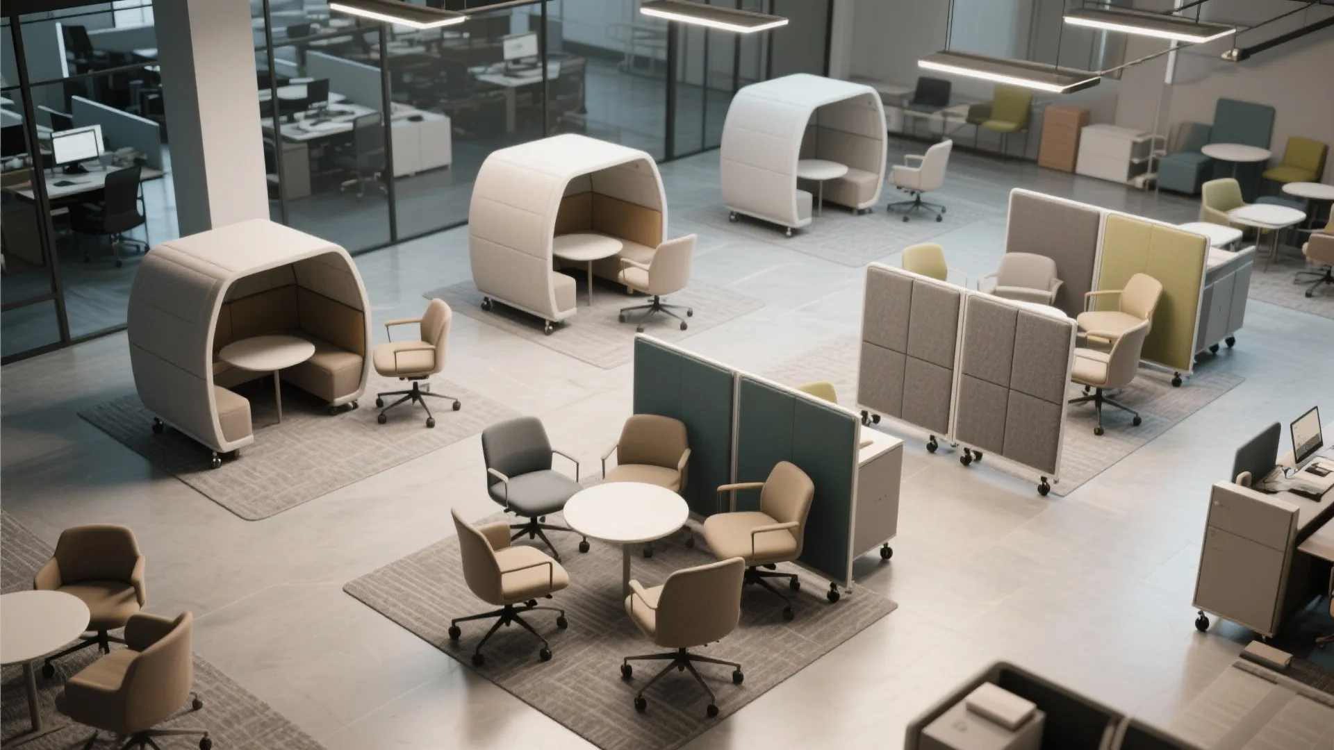 Large open office layout with private meeting pods and mobile room dividers for focused work