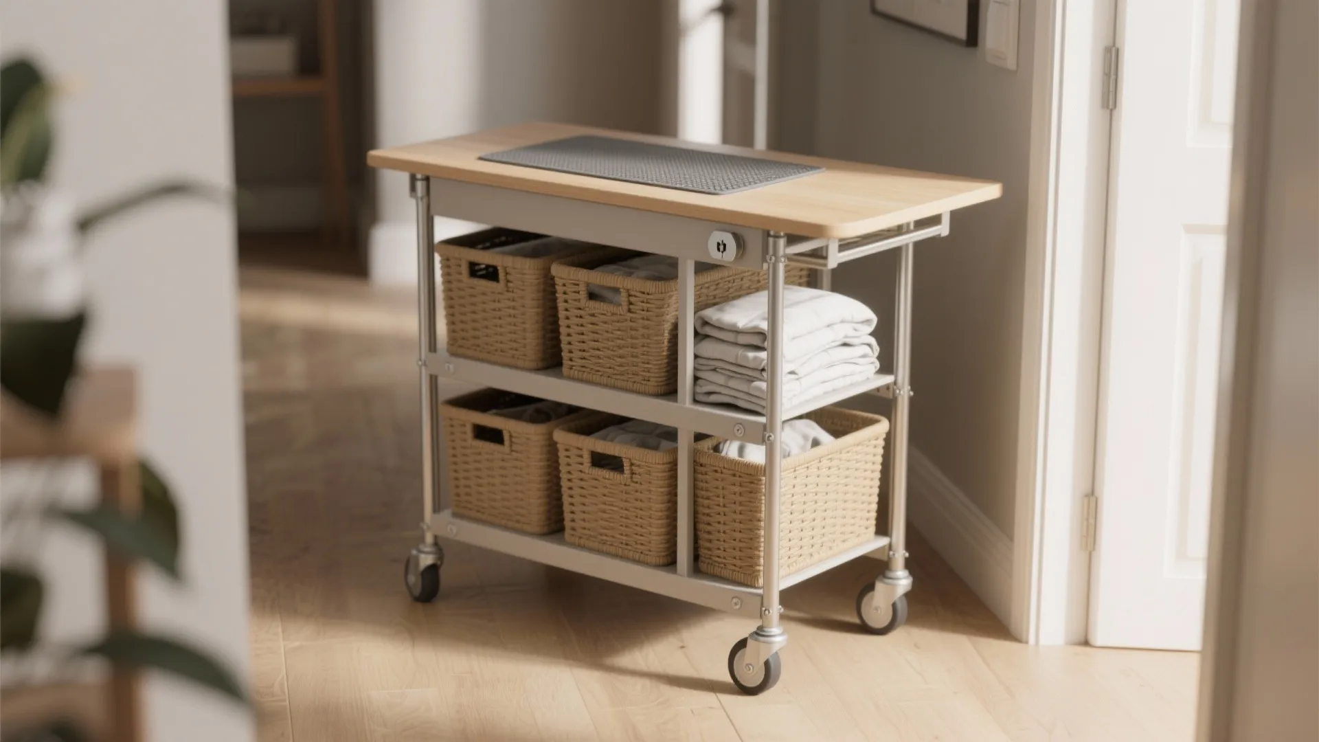 Mobile laundry cart with wooden top and storage baskets on wheels in a bright hallway