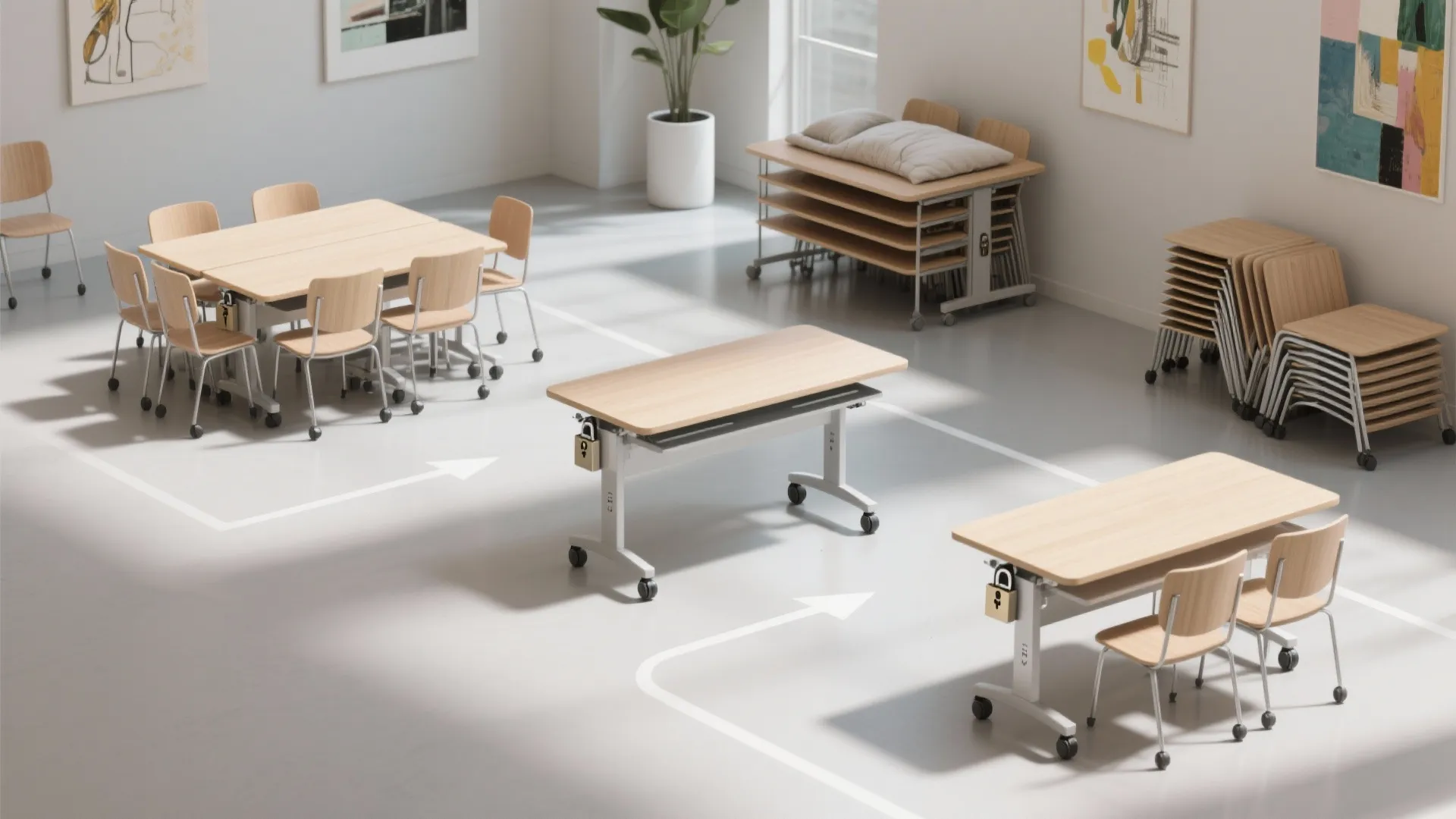 Modern classroom with wooden folding tables and chairs and stacked furniture in an open space