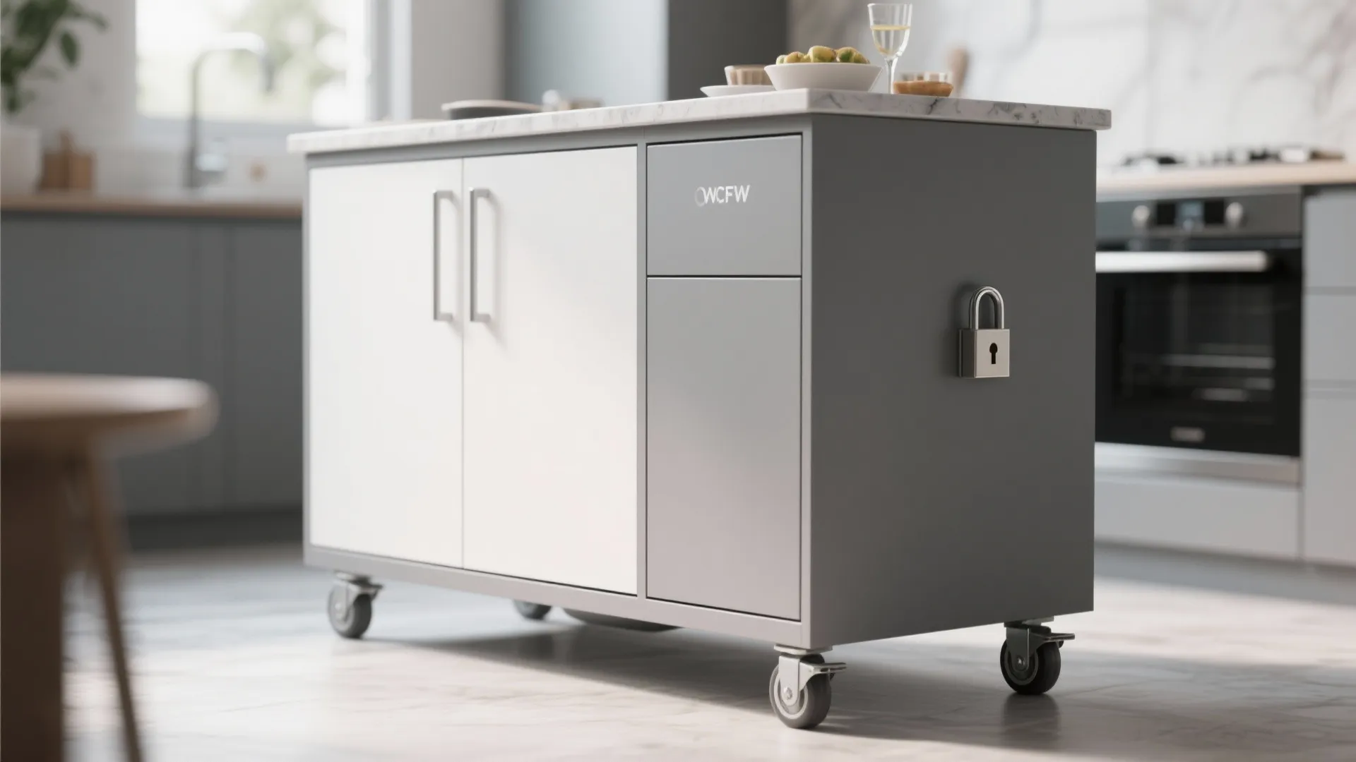 3. Compact Mobile Gray Island with White Storage
