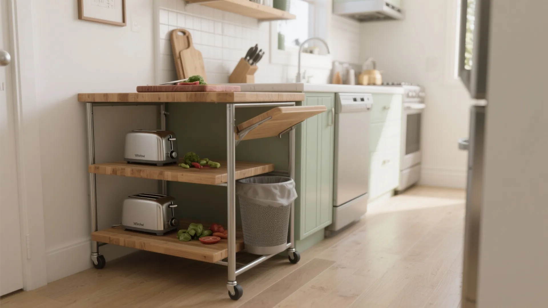 Rolling wooden kitchen cart with two silver toasters and trash bin near light green cabinets