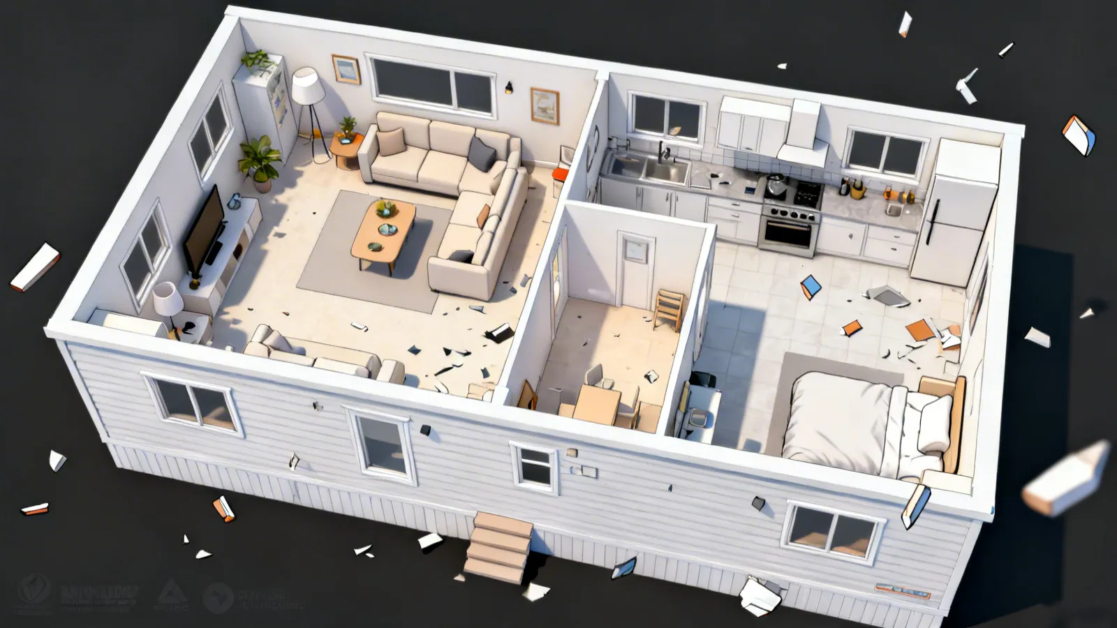 top view floor plan of mobile home showing traffic flow between rooms