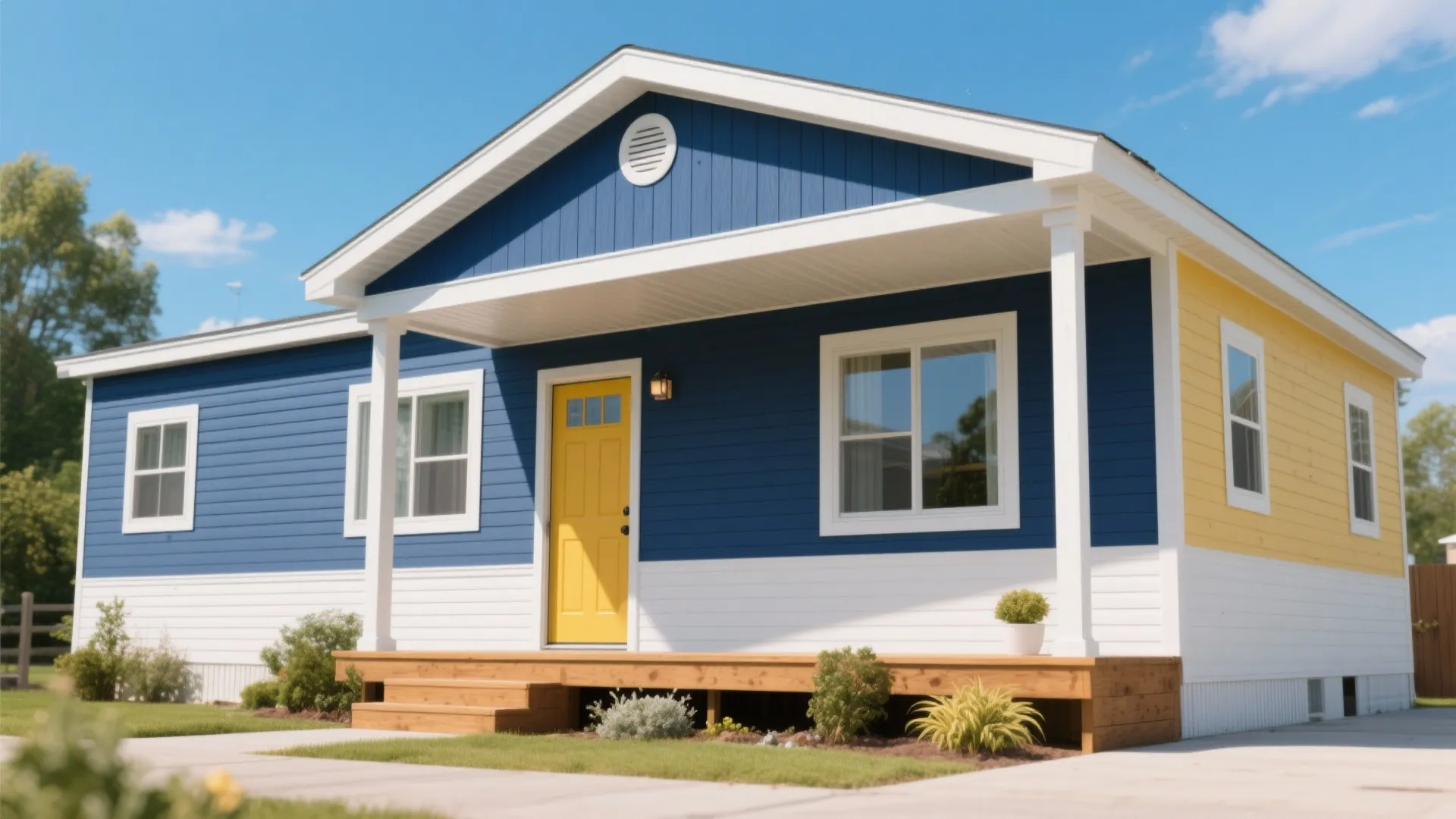 Blue and white mobile home with a yellow front door, wooden deck, and green lawn