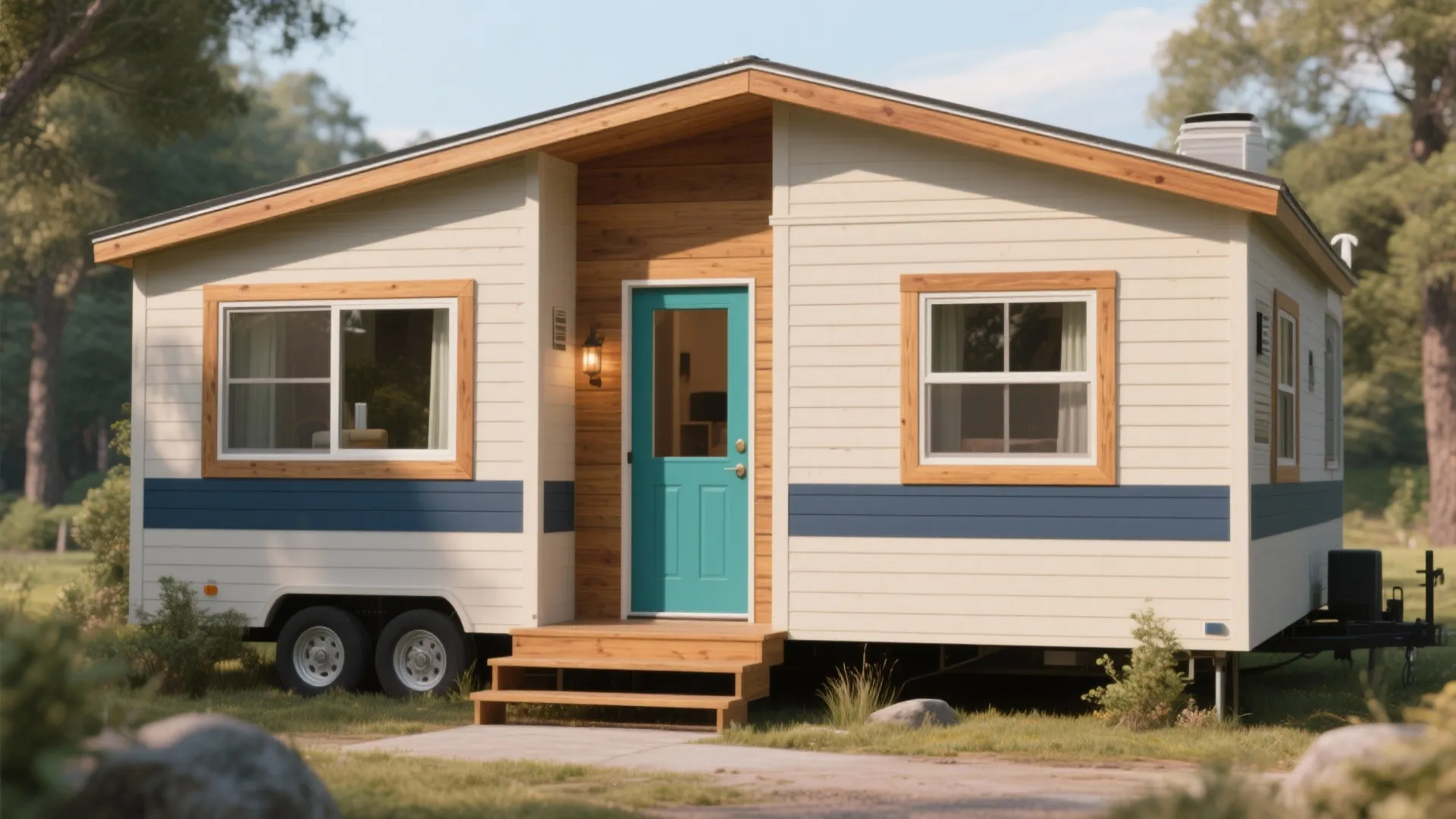 Small mobile house on wheels featuring white walls blue trim and a bright turquoise door