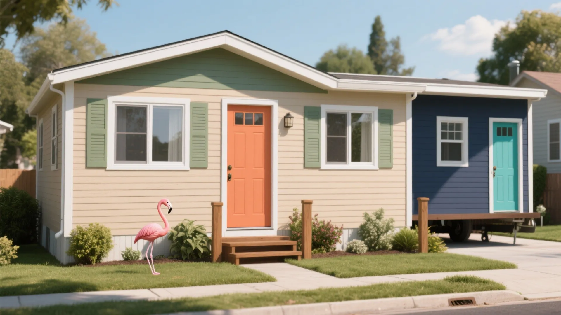 Small cream house with orange door and pink flamingo decoration next to a blue house