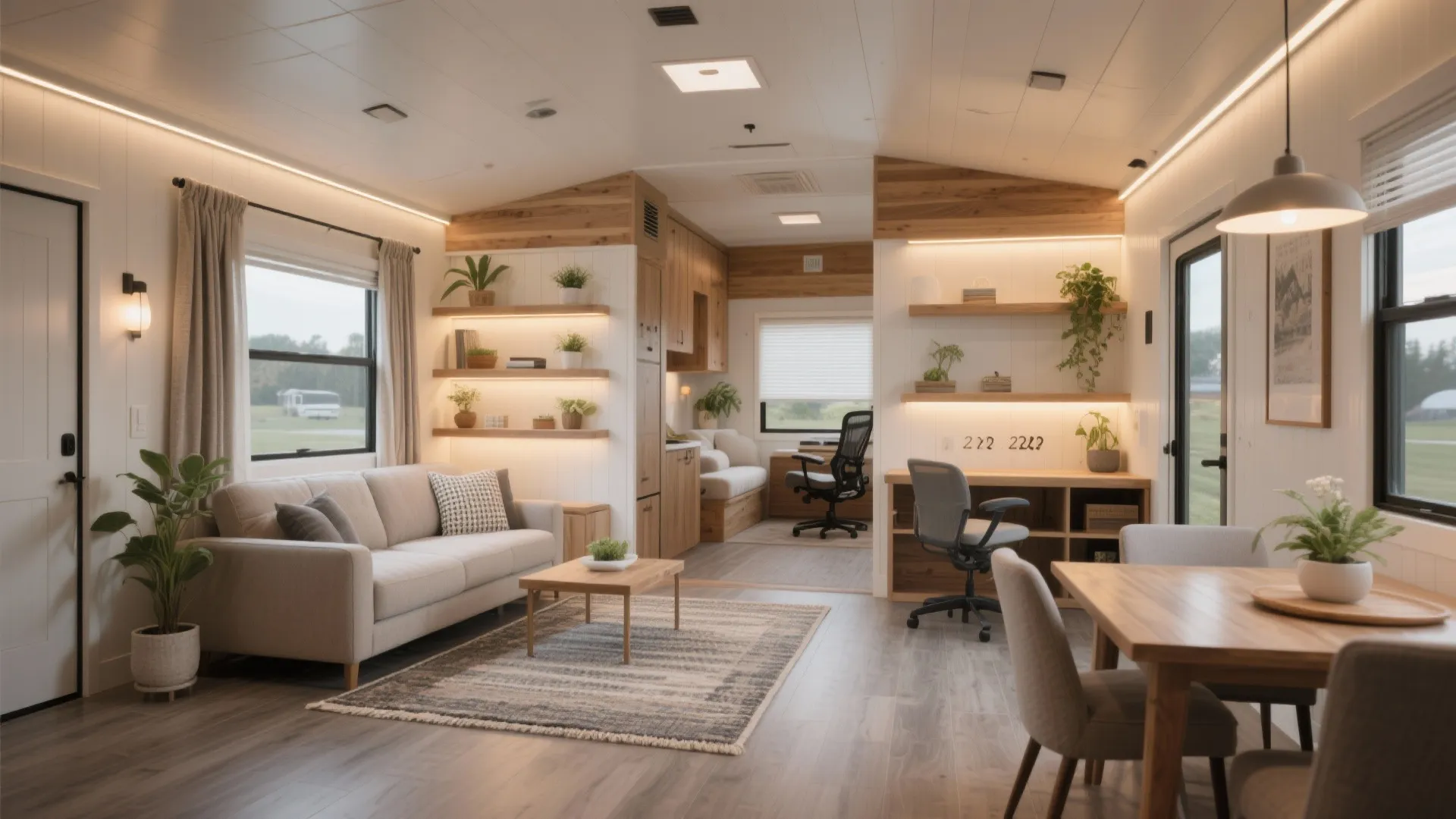 Modern mobile home interior with wood wall panels, beige sofa, dining table, and work desk