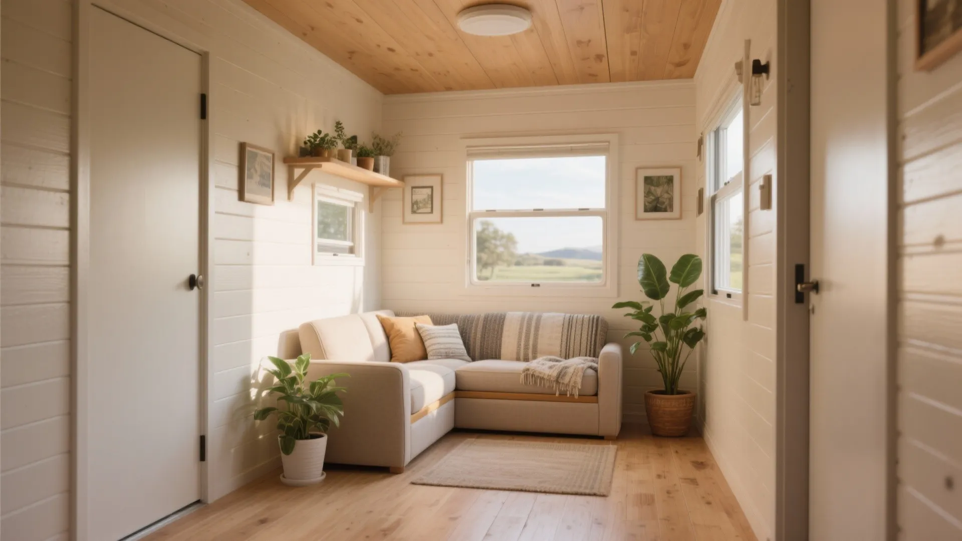 Small bright living room featuring a beige sofa wooden ceiling white walls and green indoor plants