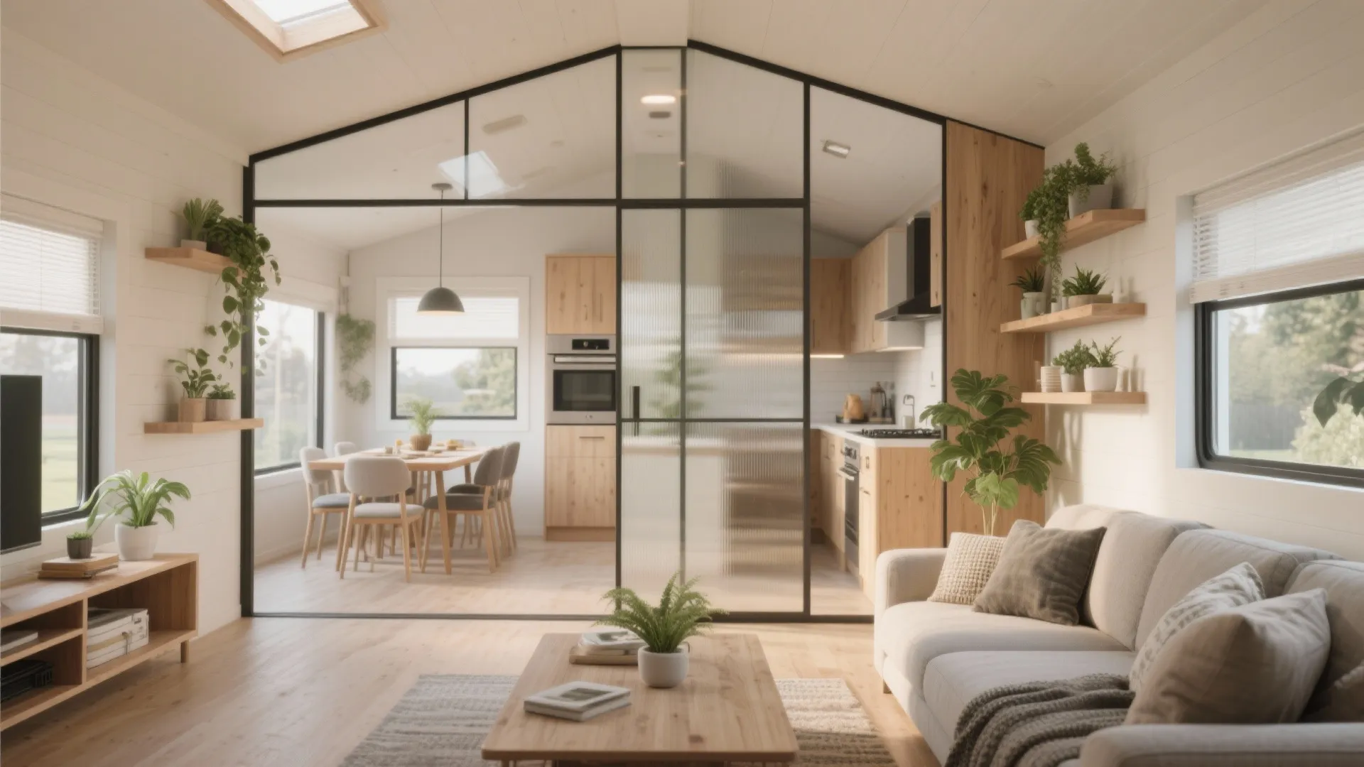 Modern open living room and kitchen layout with glass wall sofa dining table and plants