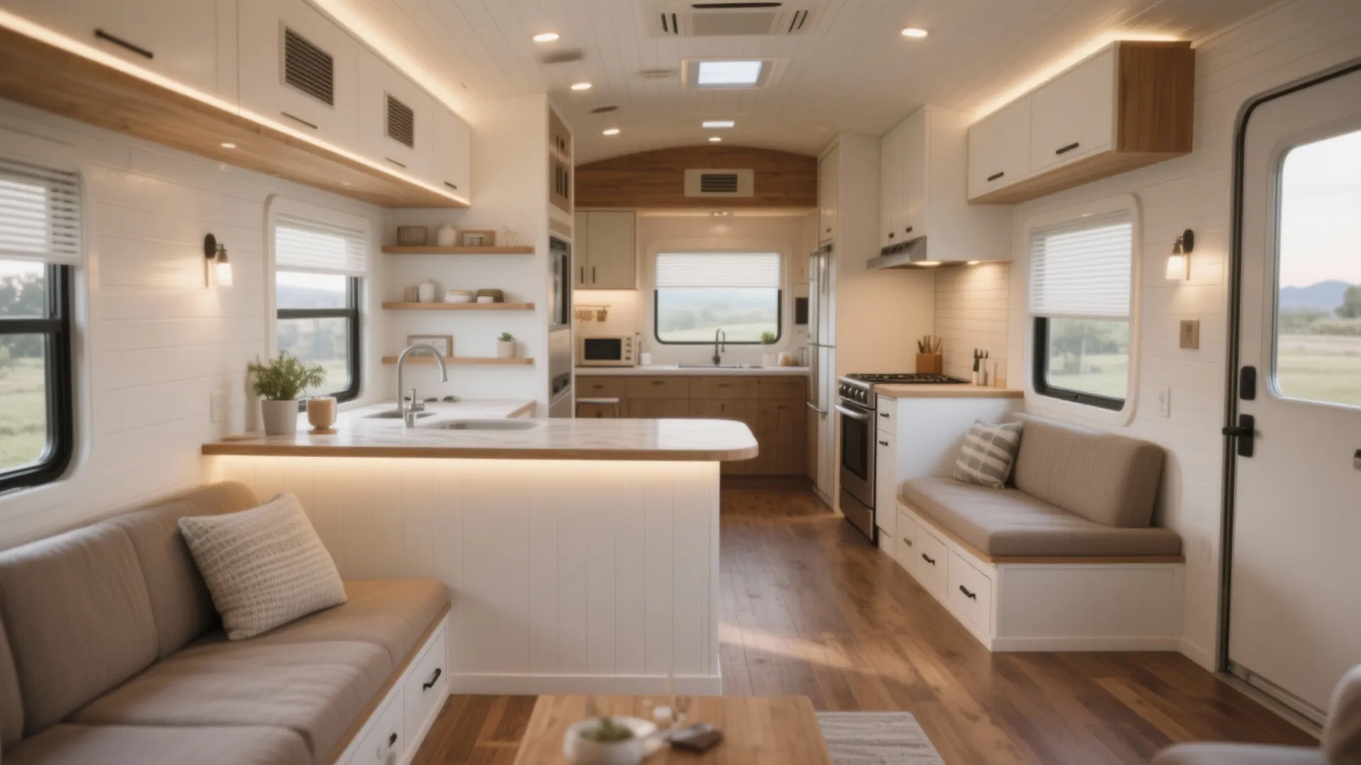 Modern mobile home interior with white kitchen cabinets wood floors comfortable sofas and warm ceiling light